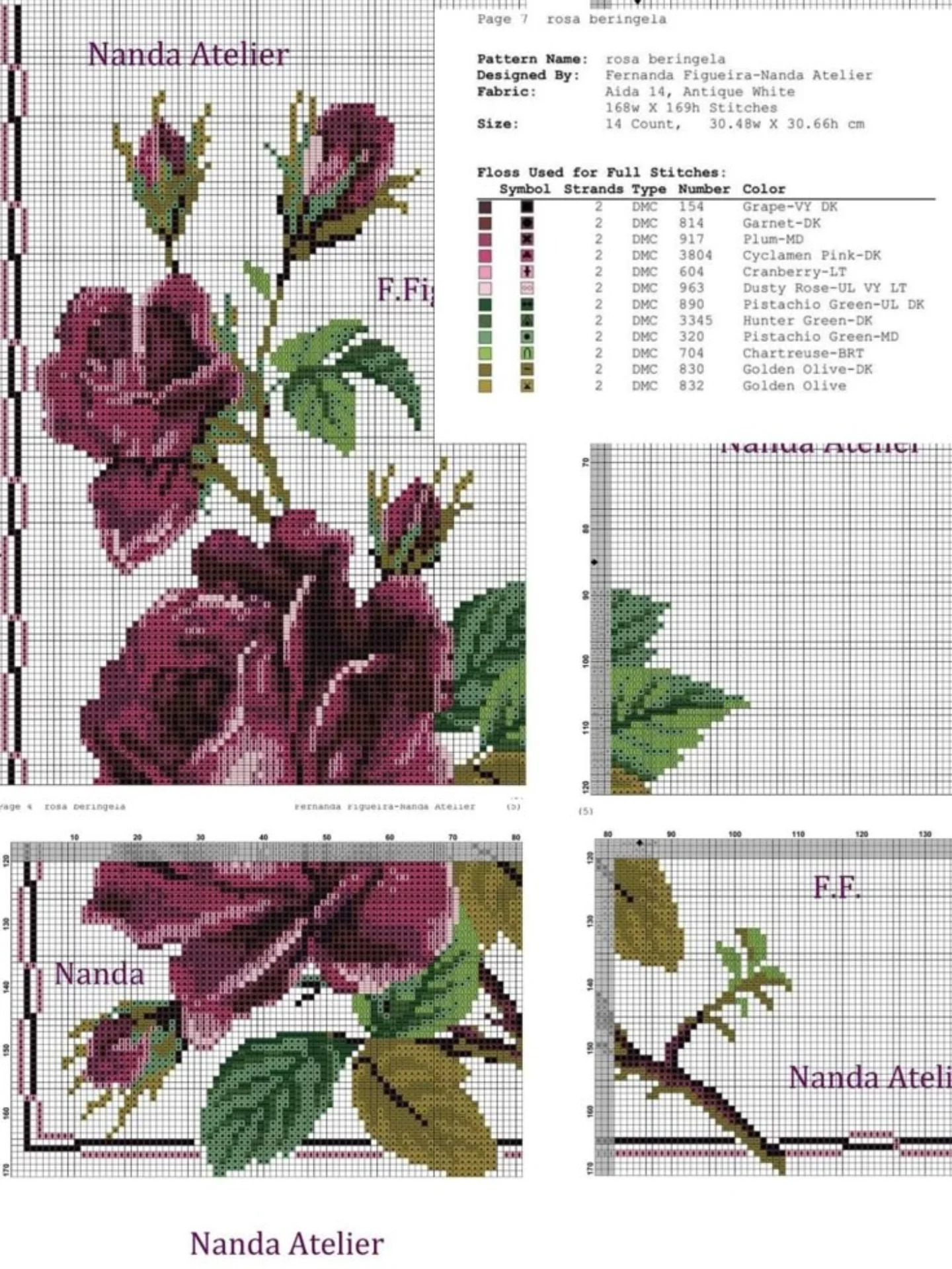 Rosa Beringela Cross Stitch Pattern by Nanda Atelier - Detailed Floral Design with Color Chart and Grid Instructions