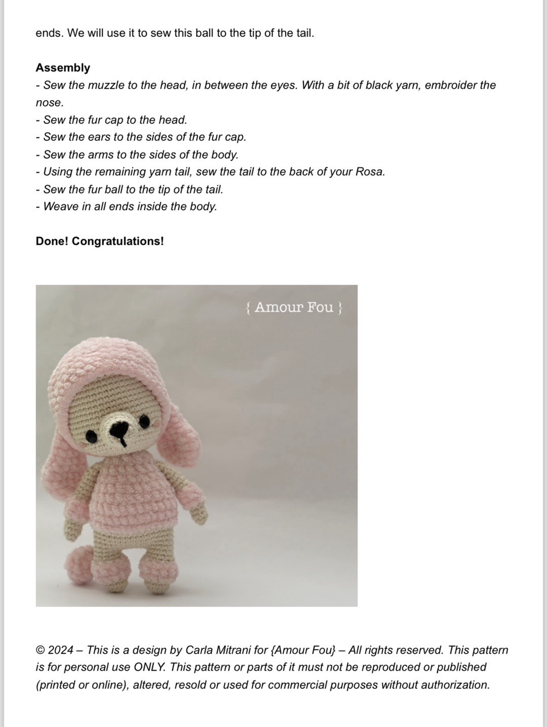 Rosa Poodle Amigurumi Crochet Pattern - Pink Chenille Dog Doll