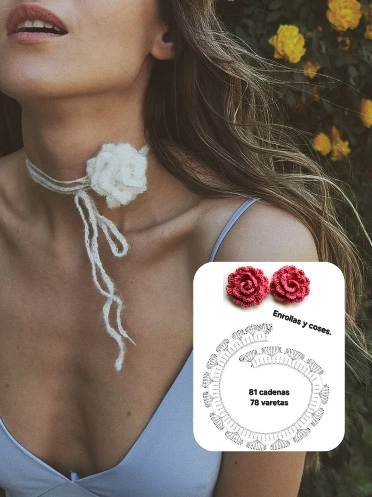 Rosas crochet tendencia: collar, diadema y adorno para jeans con chart