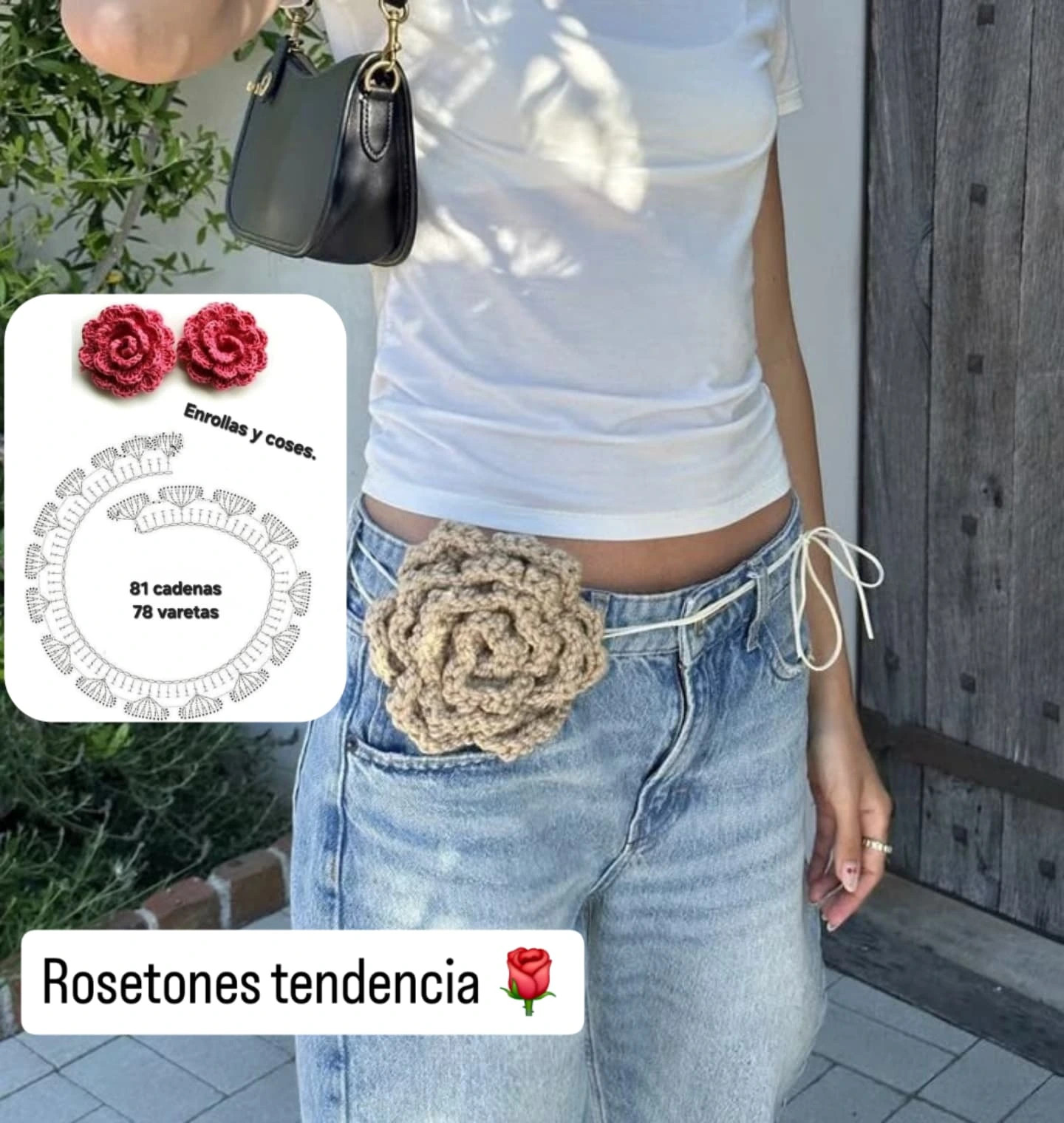 Rosas crochet tendencia: collar, diadema y adorno para jeans con chart