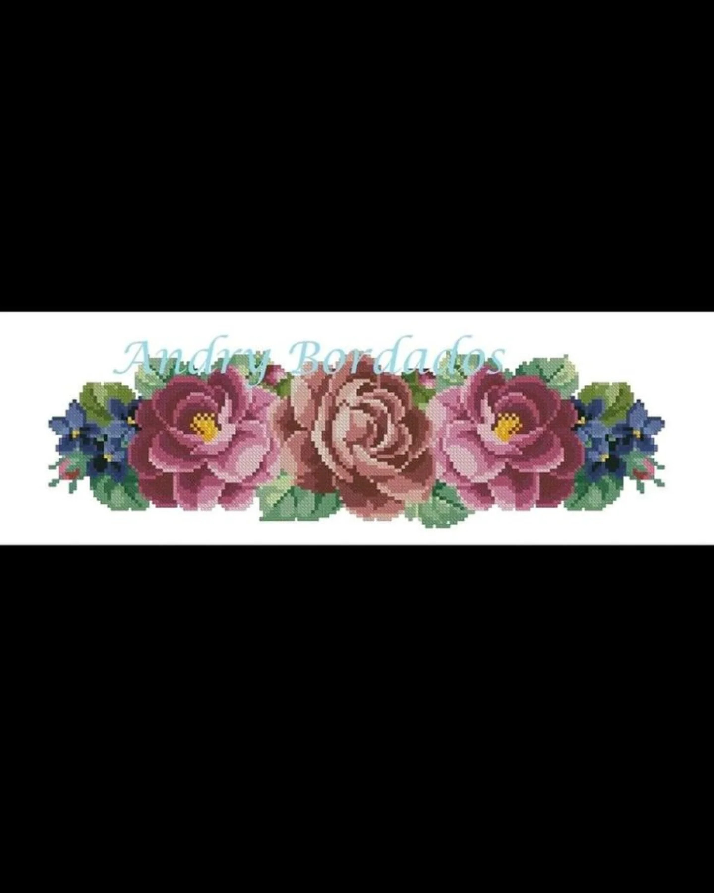 Rosas Piony Cross Stitch Pattern Chart by Andry Bordados - Floral Bouquet with Pink and Blue Flowers