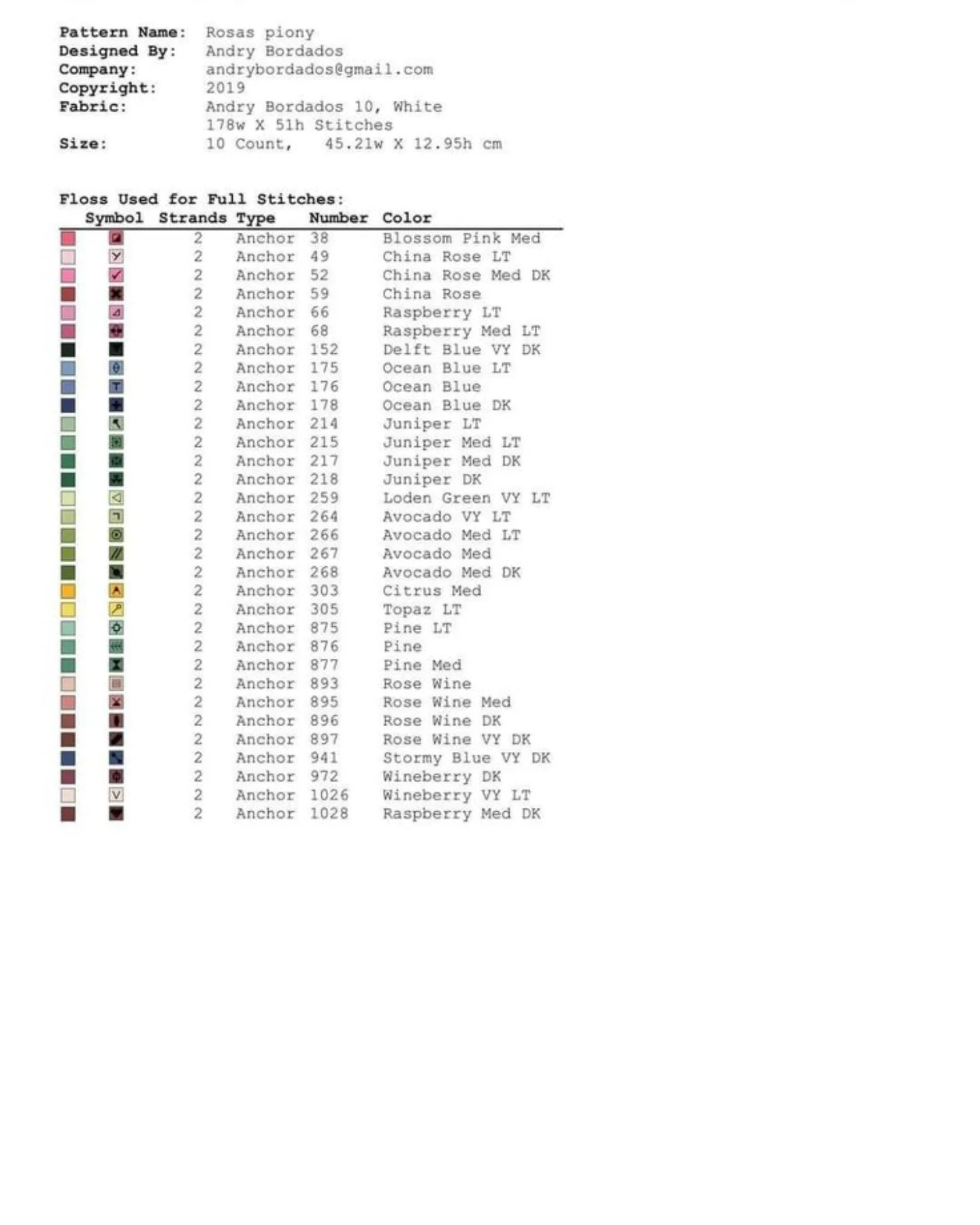 Rosas Piony Cross Stitch Pattern Chart by Andry Bordados - Floral Bouquet with Pink and Blue Flowers