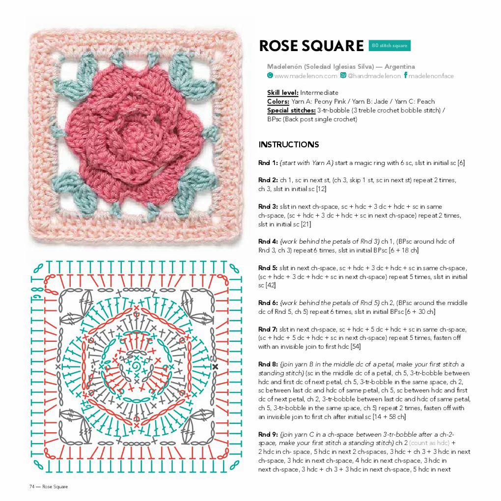 Rose Square Crochet Pattern Chart with Instructions