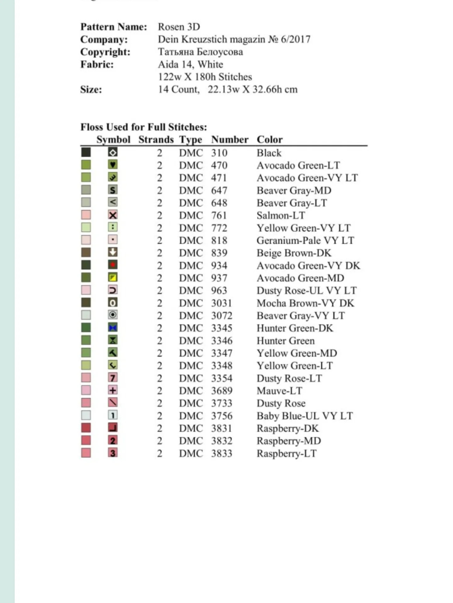 Rosen 3D: Beautiful Pink Roses Cross Stitch Chart Pattern Nr. 10085