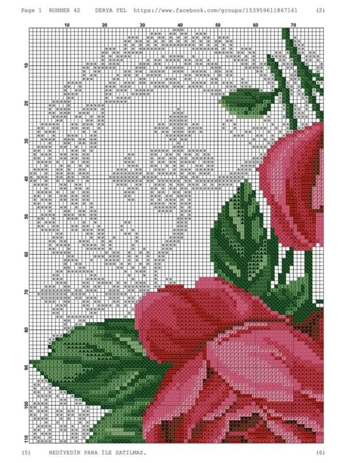Runner 42: Cross-stitch pattern for table runner with red roses and white lace border by Derya Yel