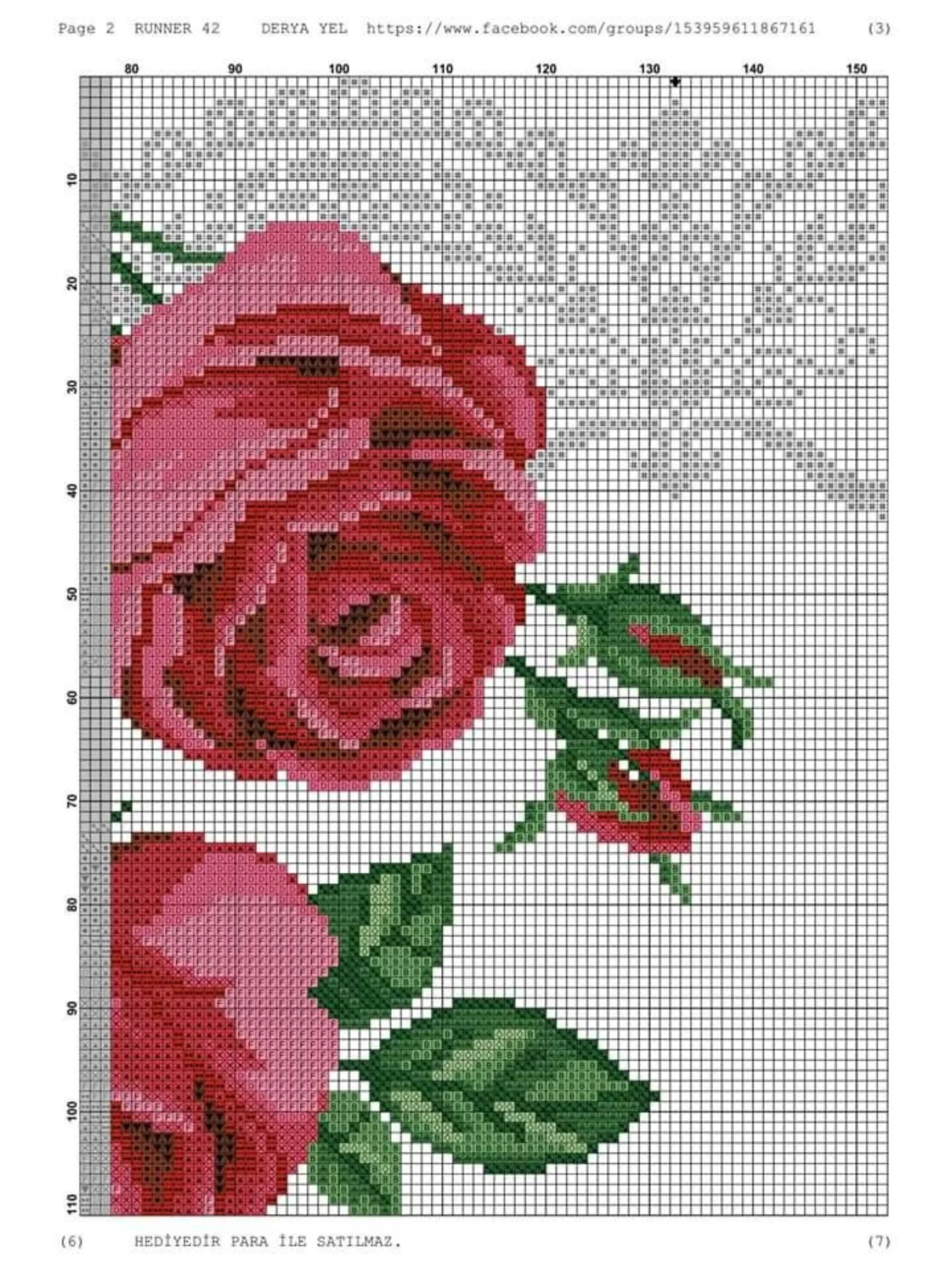 Runner 42: Cross-stitch pattern for table runner with red roses and white lace border by Derya Yel