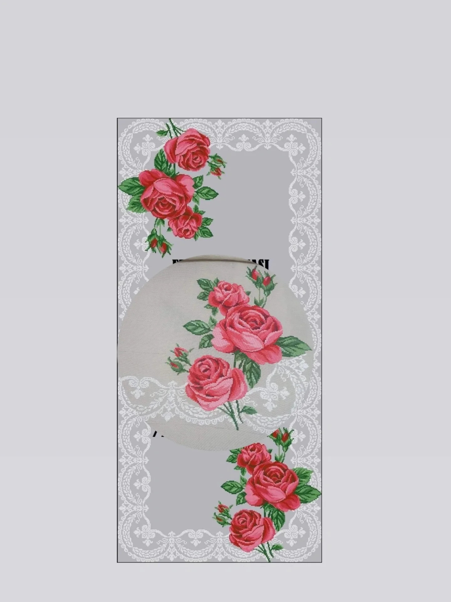 Runner 42: Cross-stitch pattern for table runner with red roses and white lace border by Derya Yel