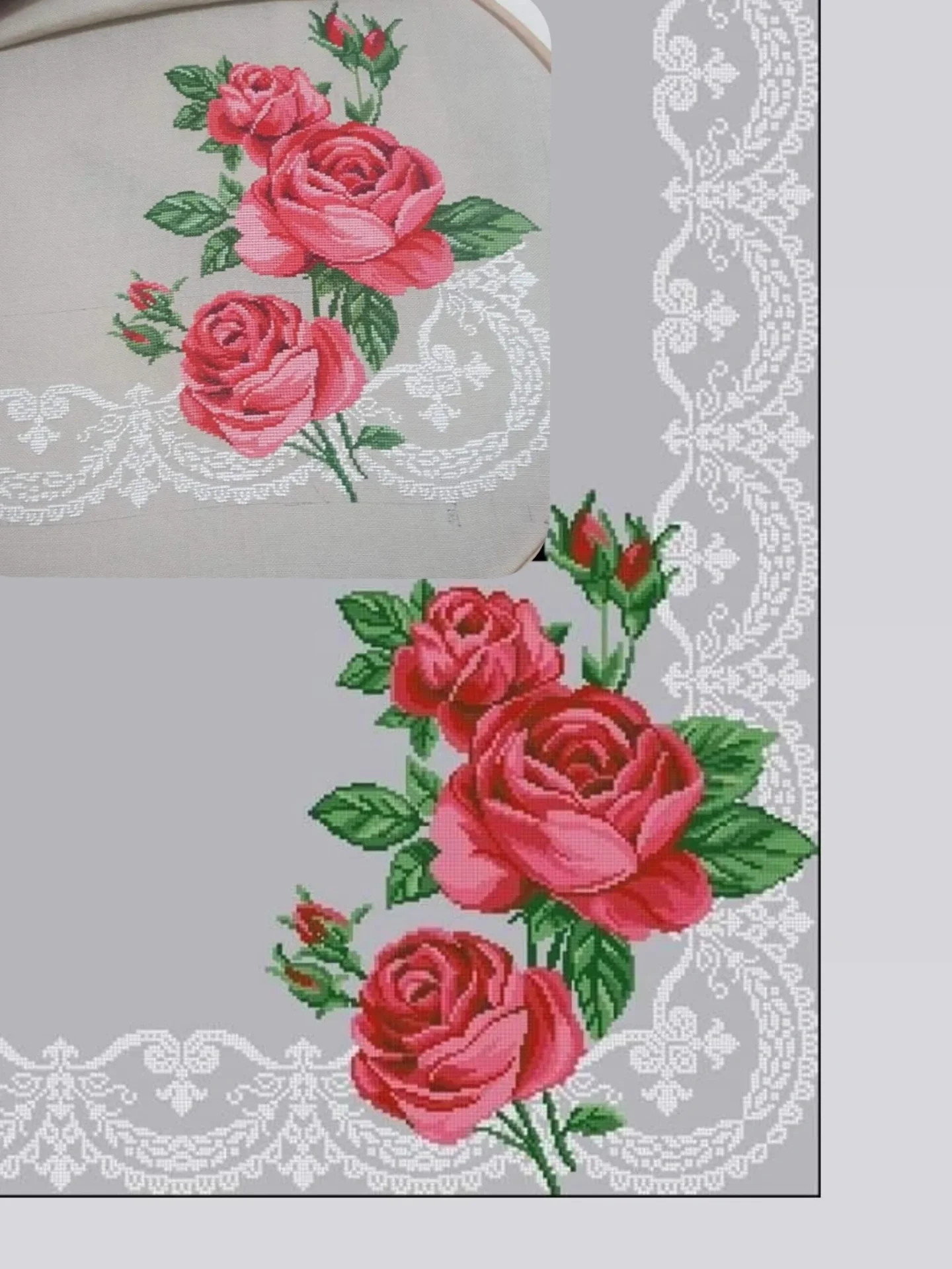 Runner 42: Cross-stitch pattern for table runner with red roses and white lace border by Derya Yel