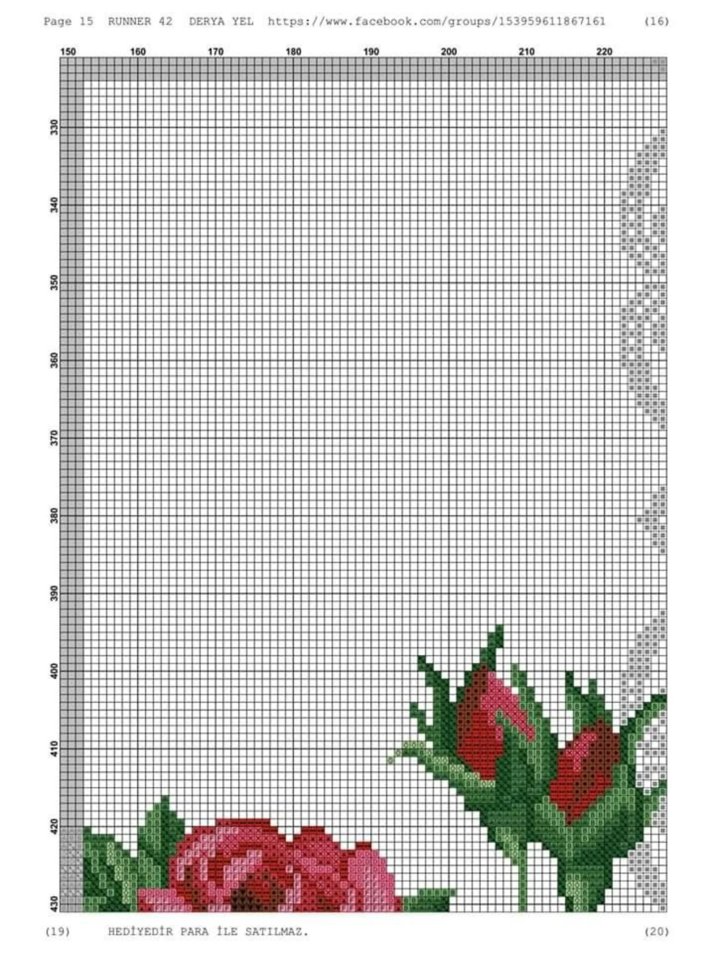 Runner 42: Cross-stitch pattern for table runner with red roses and white lace border by Derya Yel