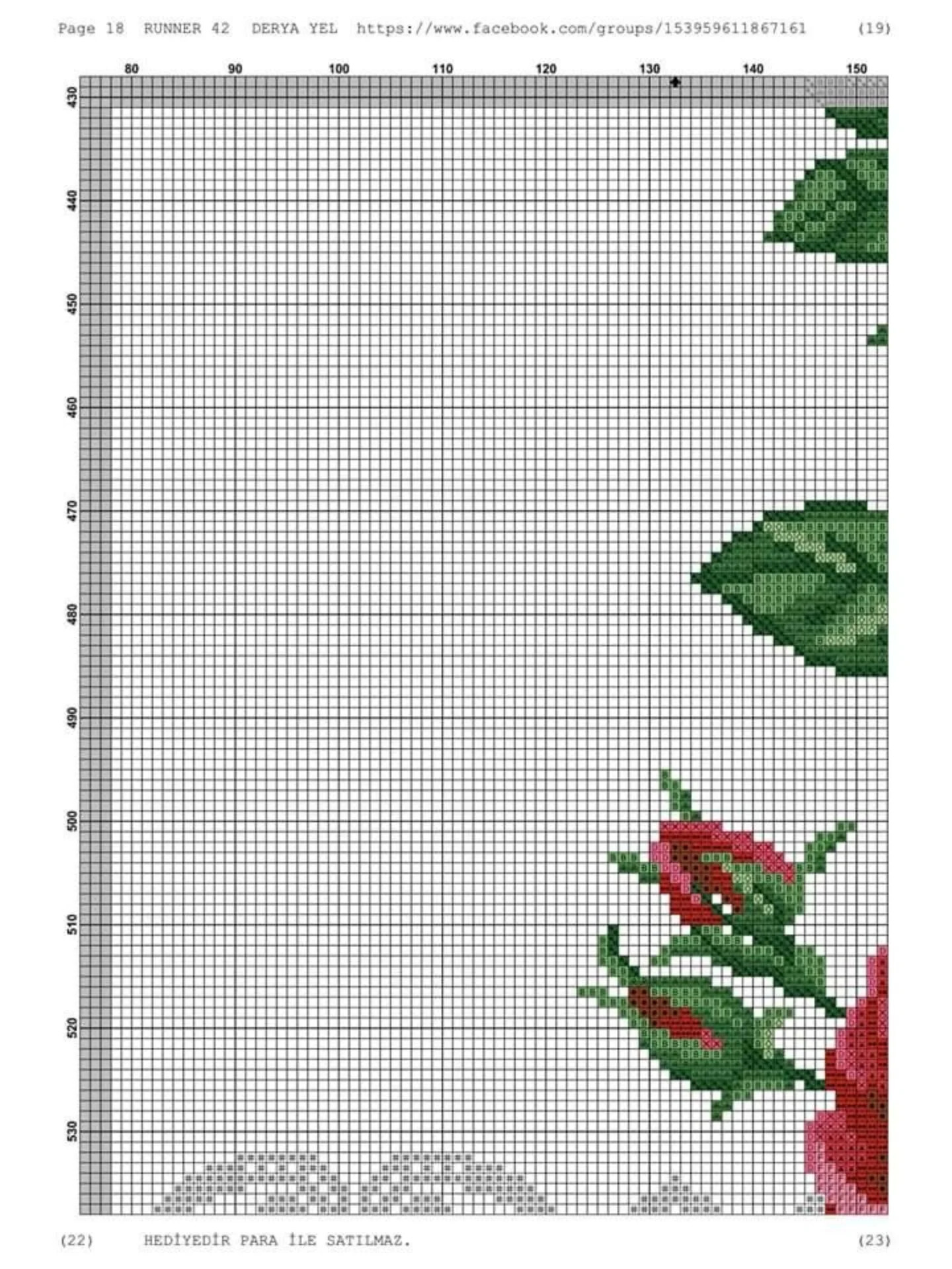 Runner 42: Cross-stitch pattern for table runner with red roses and white lace border by Derya Yel