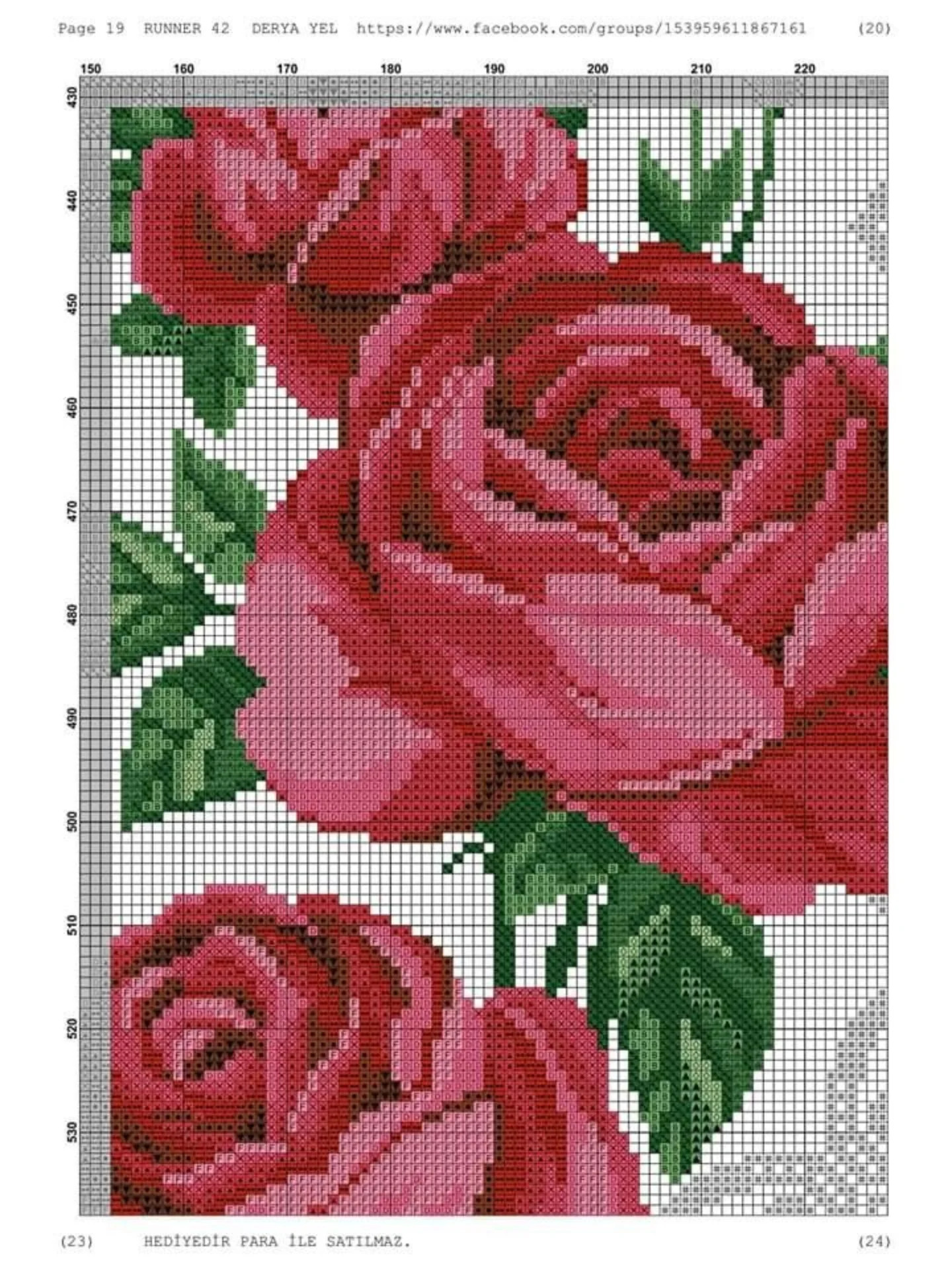 Runner 42: Cross-stitch pattern for table runner with red roses and white lace border by Derya Yel