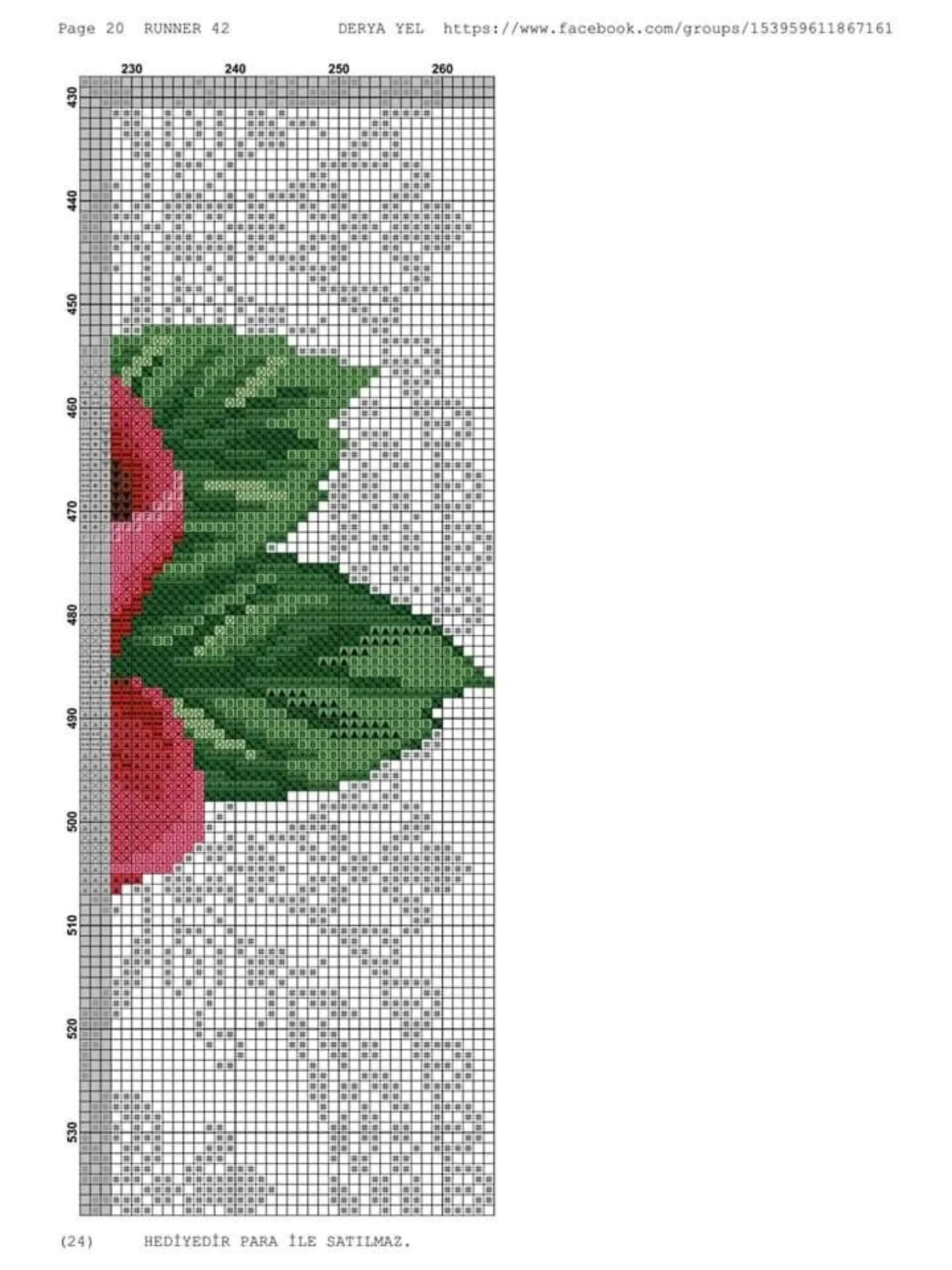 Runner 42: Cross-stitch pattern for table runner with red roses and white lace border by Derya Yel
