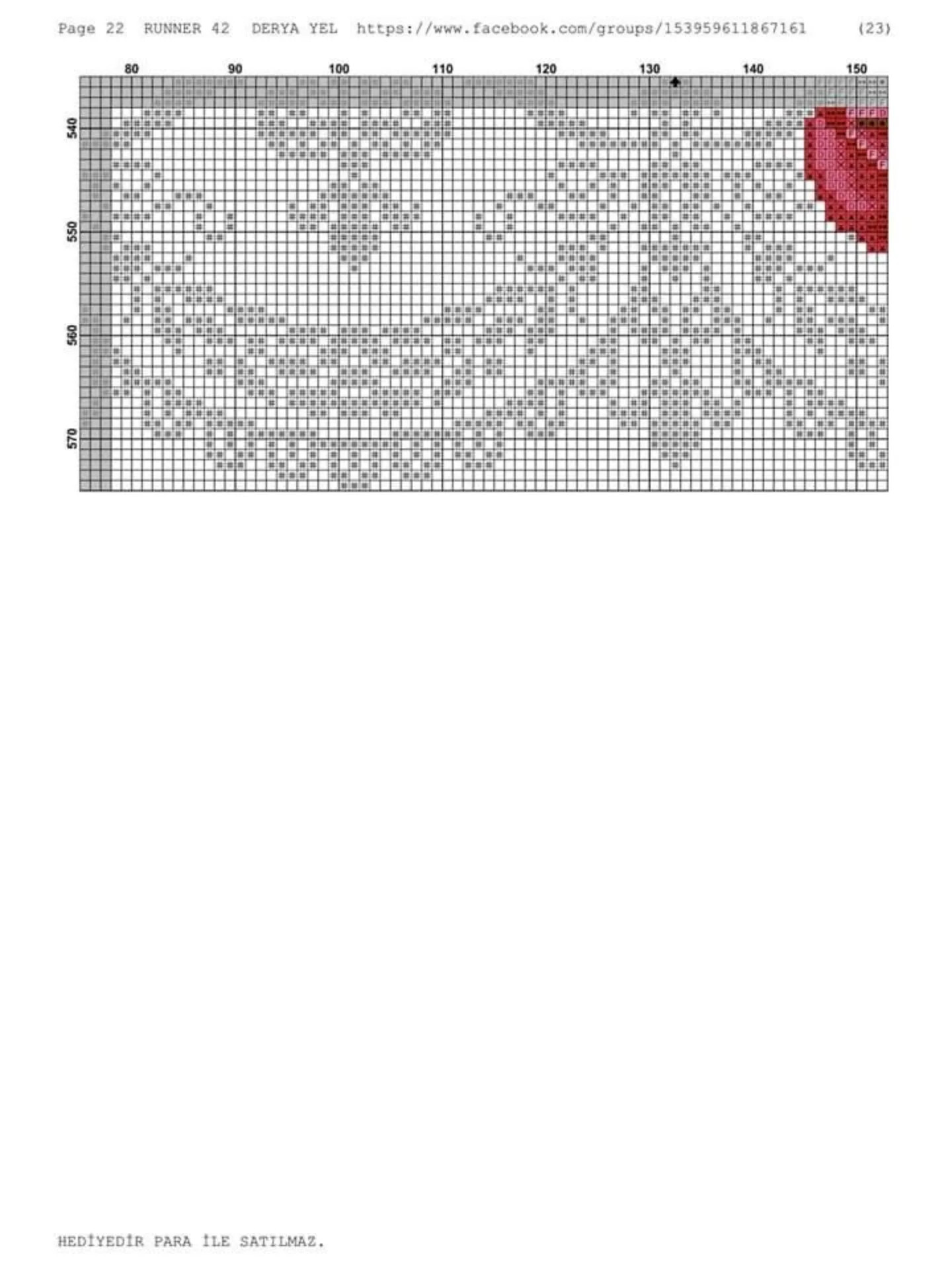 Runner 42: Cross-stitch pattern for table runner with red roses and white lace border by Derya Yel