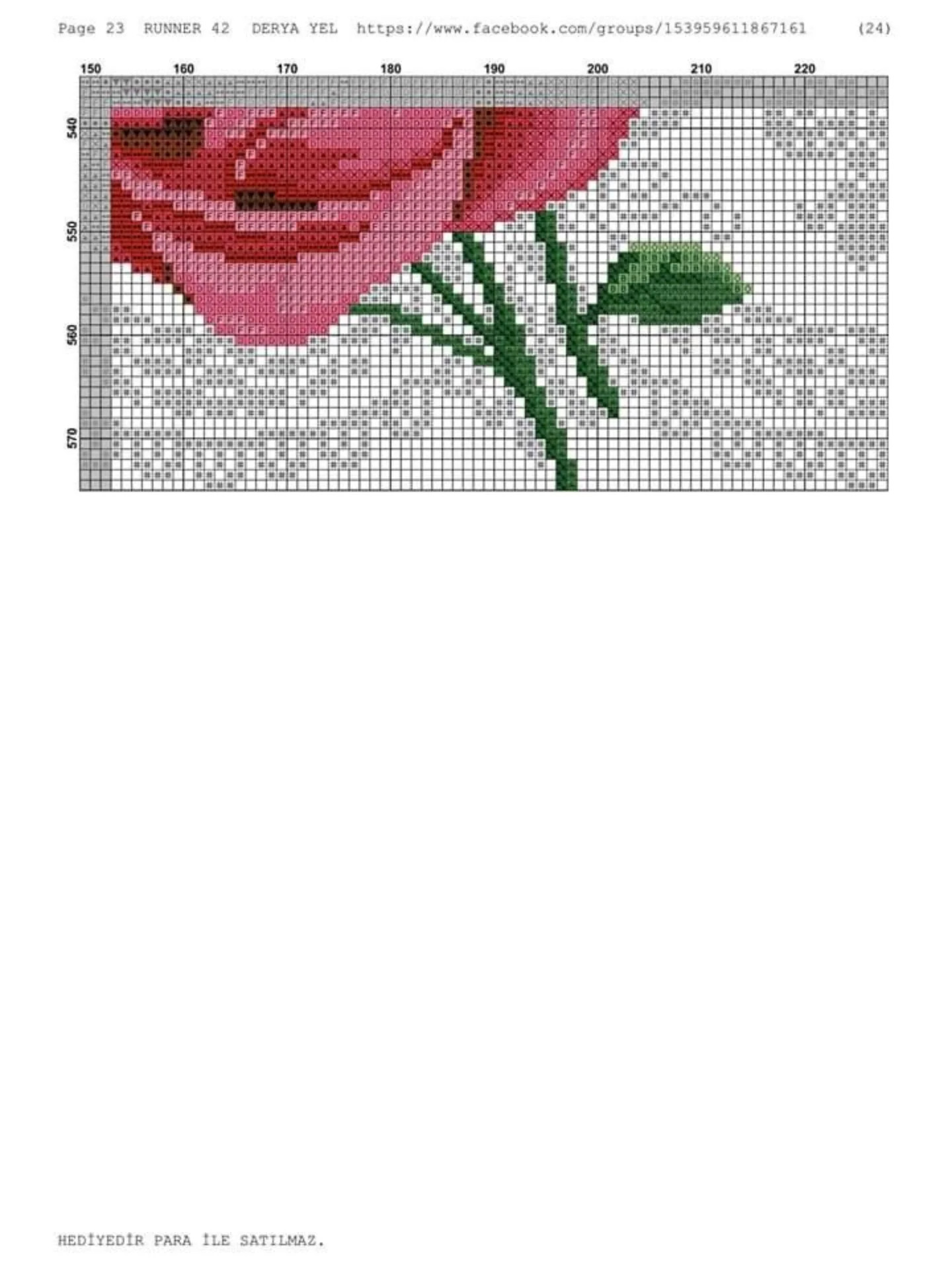 Runner 42: Cross-stitch pattern for table runner with red roses and white lace border by Derya Yel