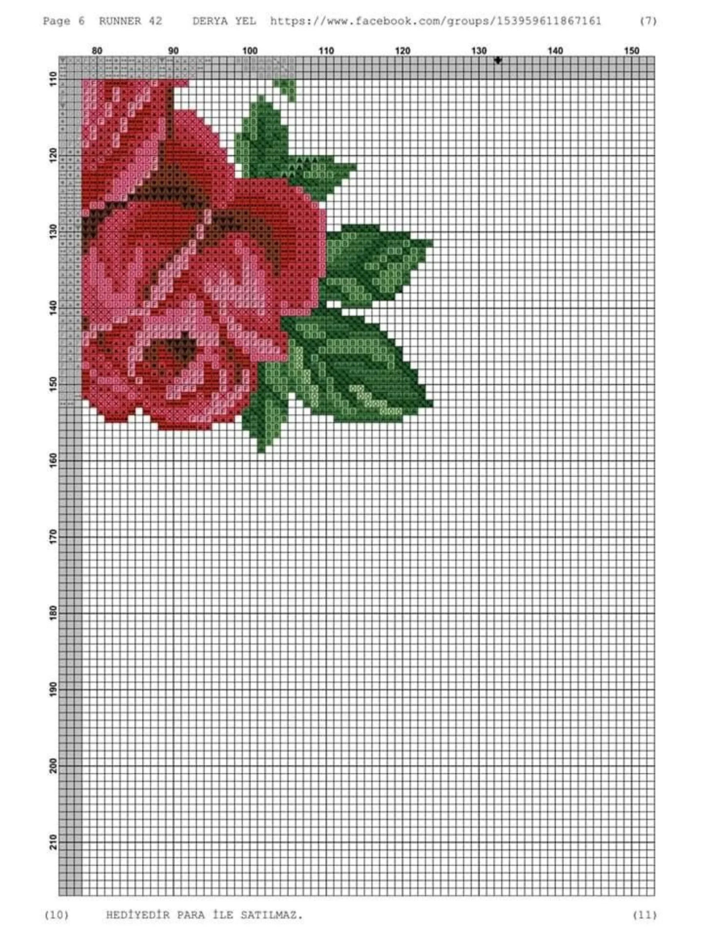 Runner 42: Cross-stitch pattern for table runner with red roses and white lace border by Derya Yel