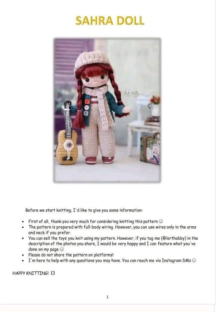 Sahra Doll Crochet Pattern with Guitar and Outfit