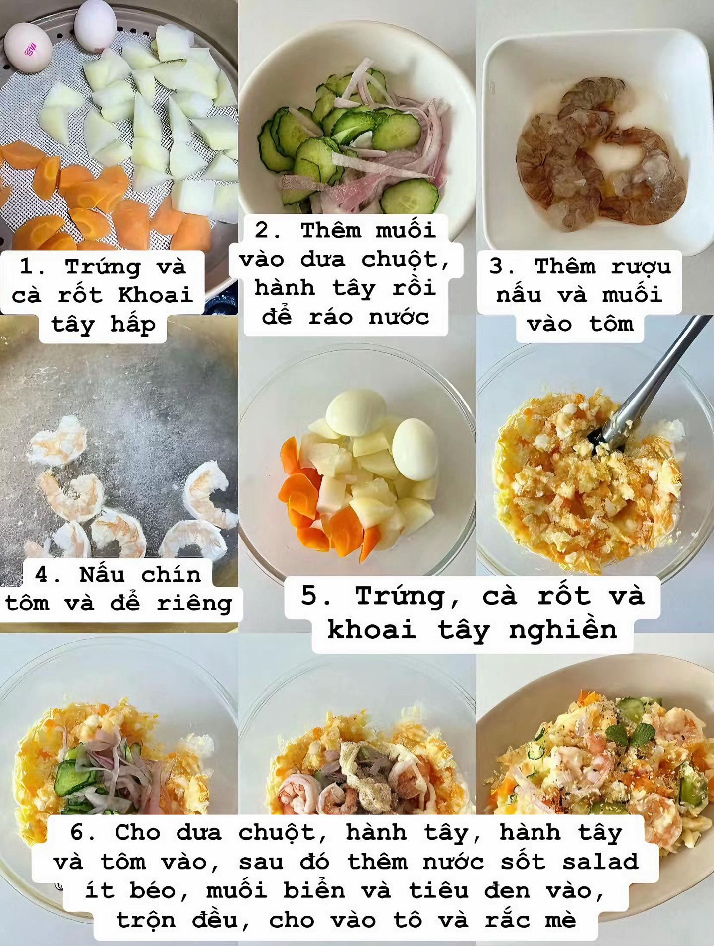 Salad khoai tây, trứng và tôm trộn sốt béo, dưa chuột, hành tây rắc mè