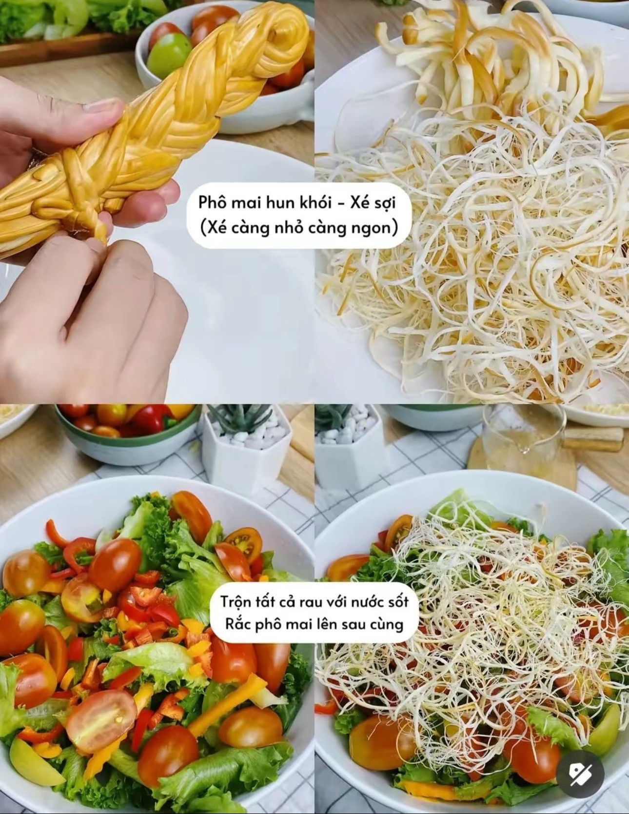 Salad phô mai hun khói: Cách làm món salad rau củ tươi ngon với sốt dầu olive và phô mai xé sợi