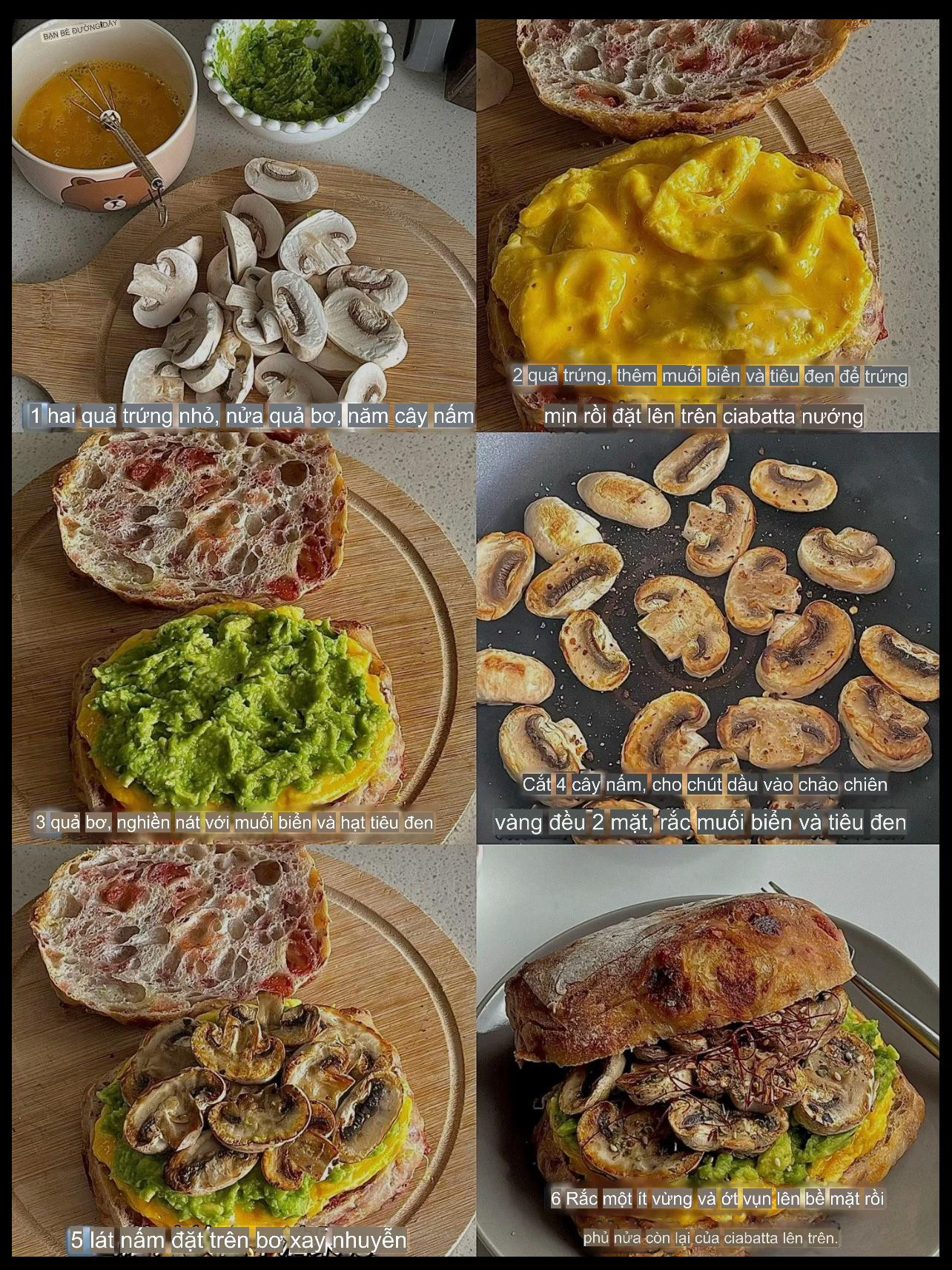 Sandwich nấm và bơ trứng với bánh mì ciabatta nướng giòn, món ăn sáng nhanh gọn