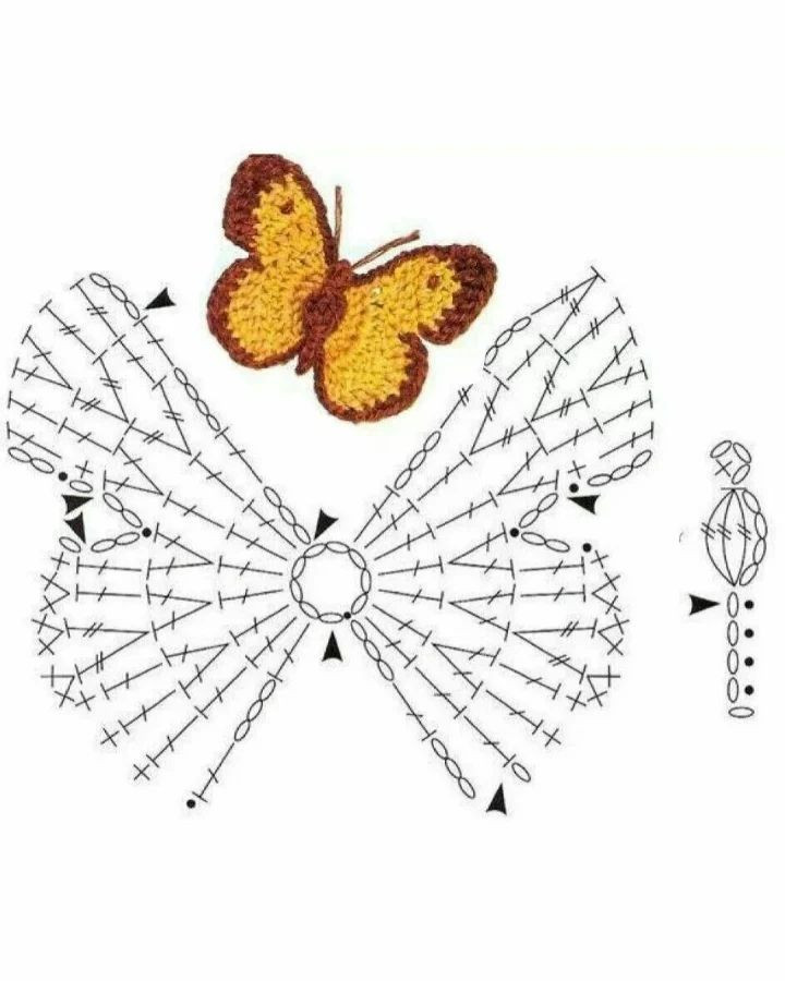 Schematic diagrams and finished examples of various decorative crochet butterflies