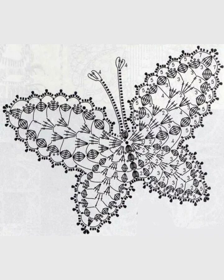 Schematic diagrams and finished examples of various decorative crochet butterflies
