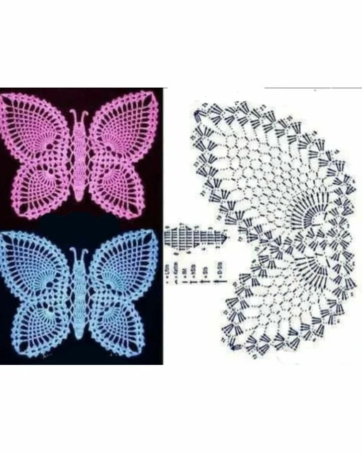 Schematic diagrams and finished examples of various decorative crochet butterflies