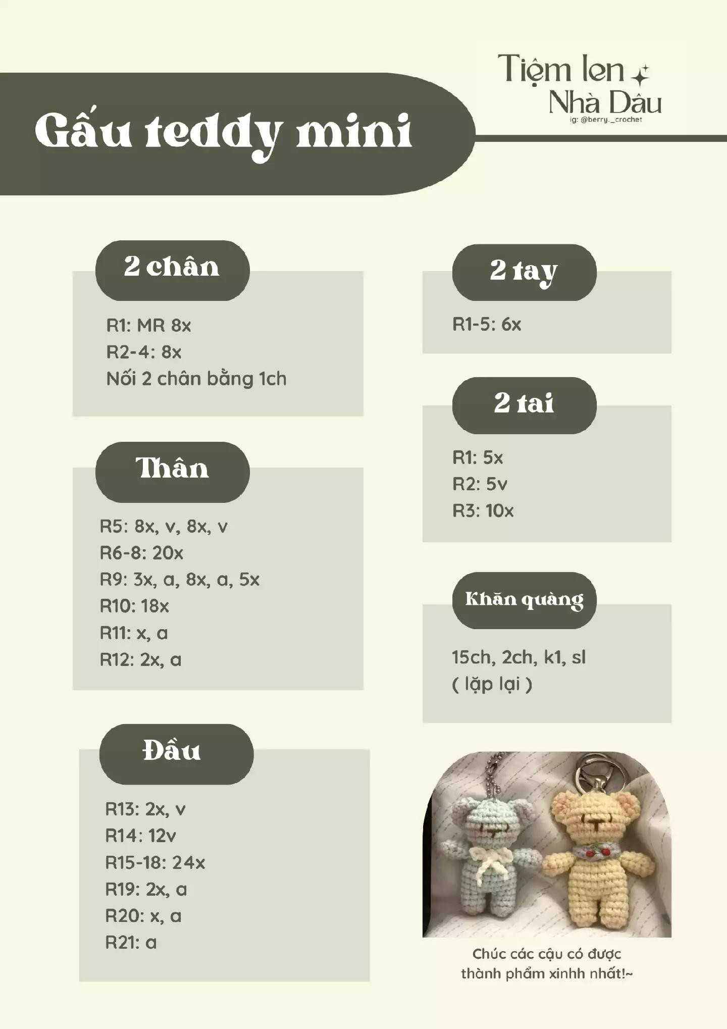 Share chart móc len Gấu teddy mini trắng hồng