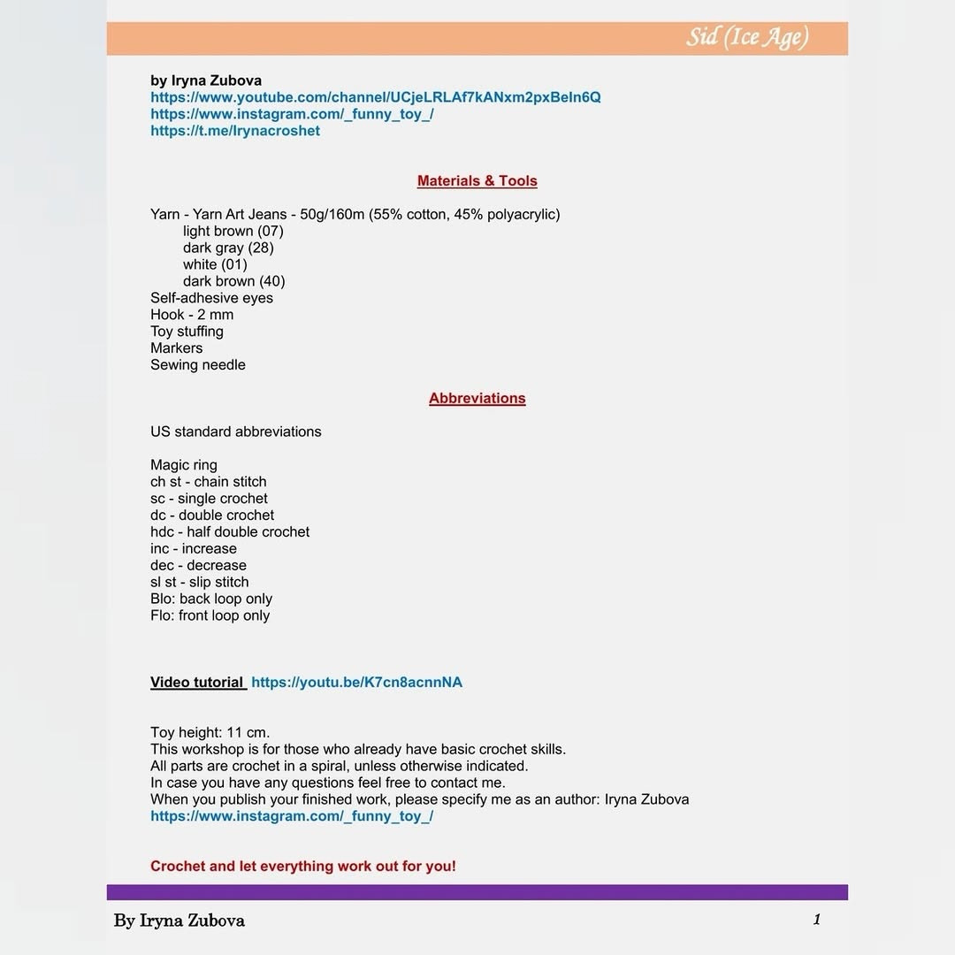 Sid (Ice Age) Crochet Pattern: Complete Amigurumi Doll Tutorial by Iryna Zubova