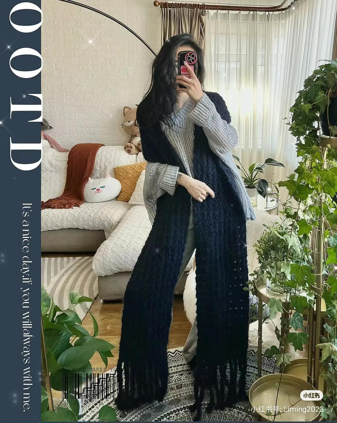 Simple Crochet Scarf Pattern Tutorial: Long Navy Blue Mohair Shawl with Fringe Design