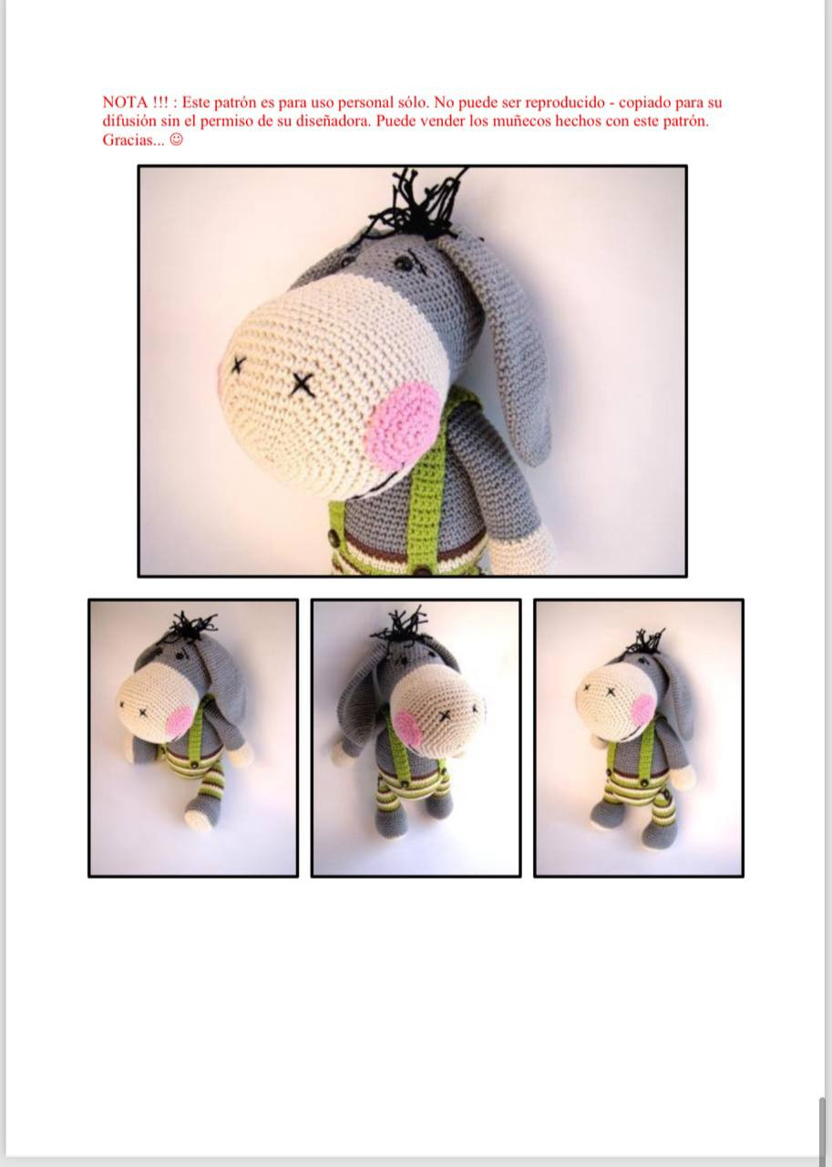 Схема амигуруми: серый ослик с зелеными подтяжками, пошаговое руководство по вязанию крючком