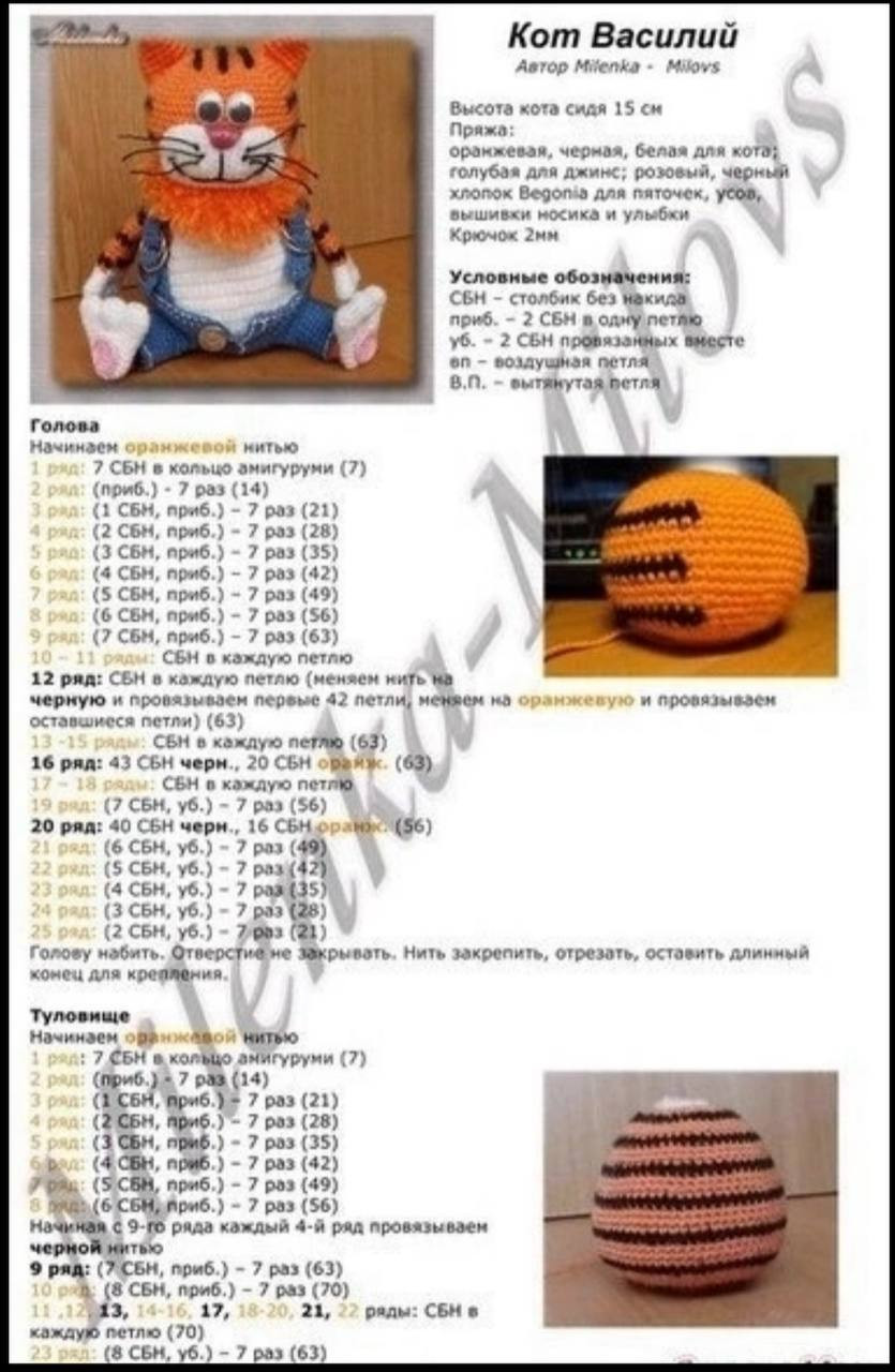 Схема вязания амигуруми Кот Василий от Milenka-Milovs