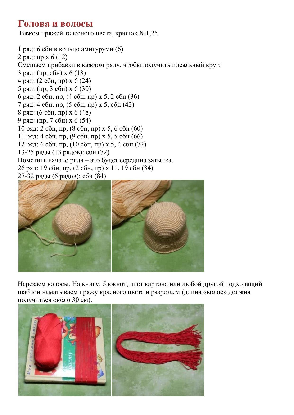 Схема вязания амигуруми куклы Земляничка с красными волосами, розовым платьем и зелено-белыми полосатыми колготками