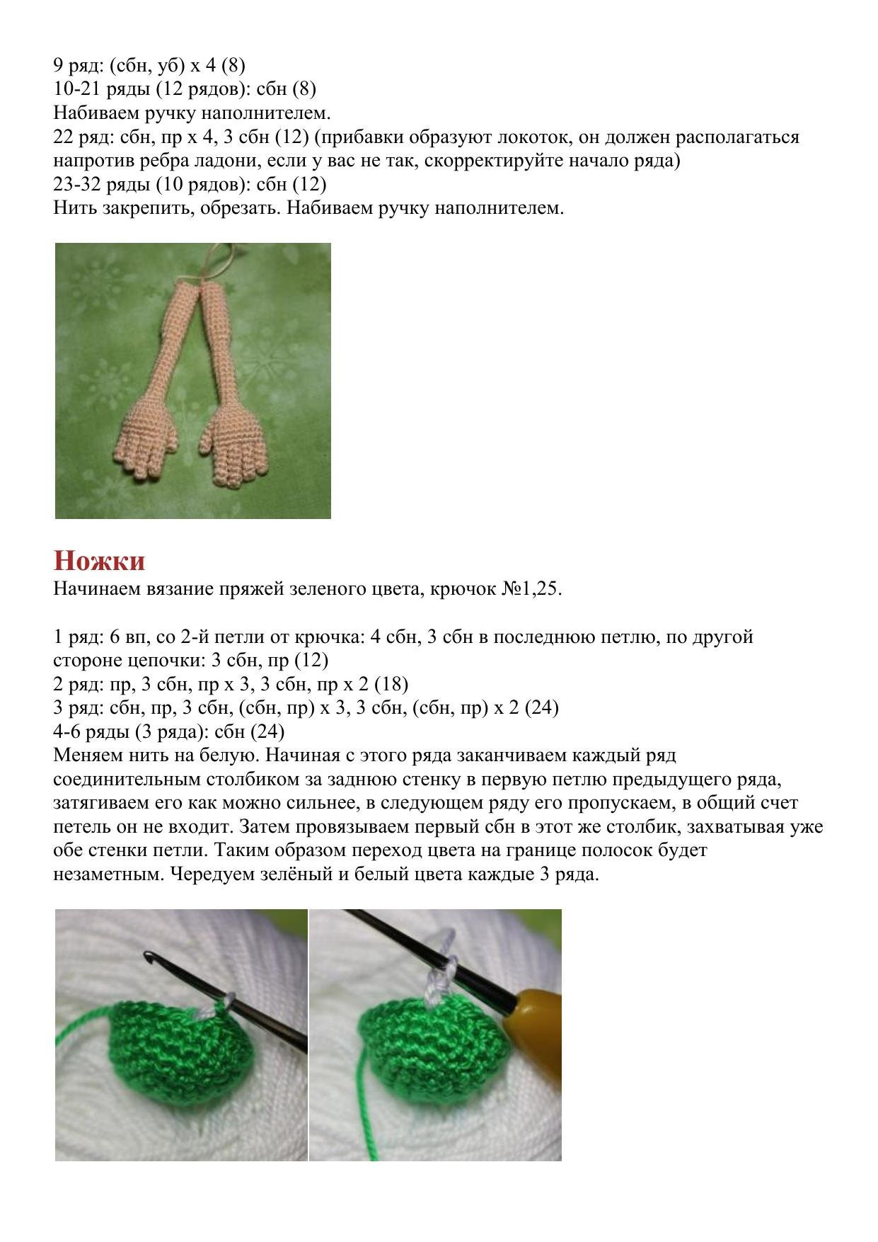 Схема вязания амигуруми куклы Земляничка с красными волосами, розовым платьем и зелено-белыми полосатыми колготками