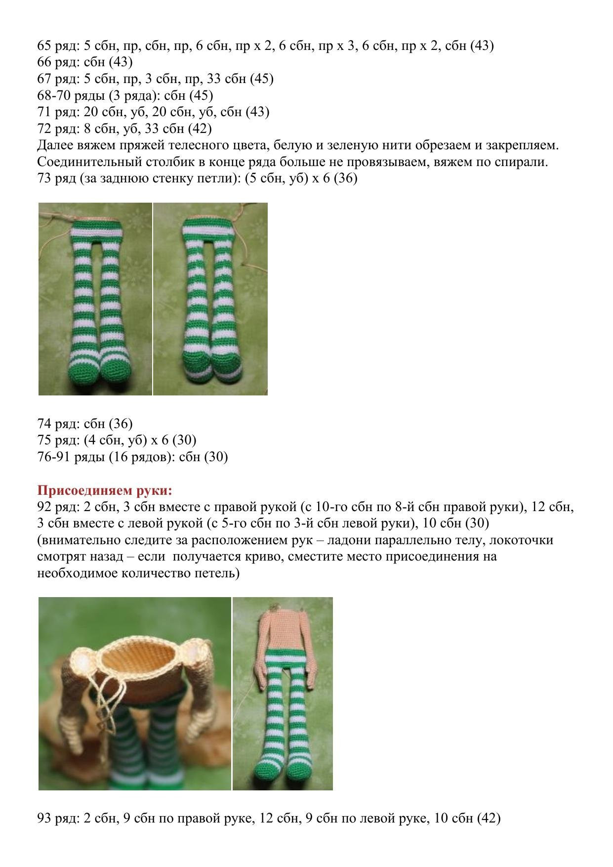 Схема вязания амигуруми куклы Земляничка с красными волосами, розовым платьем и зелено-белыми полосатыми колготками