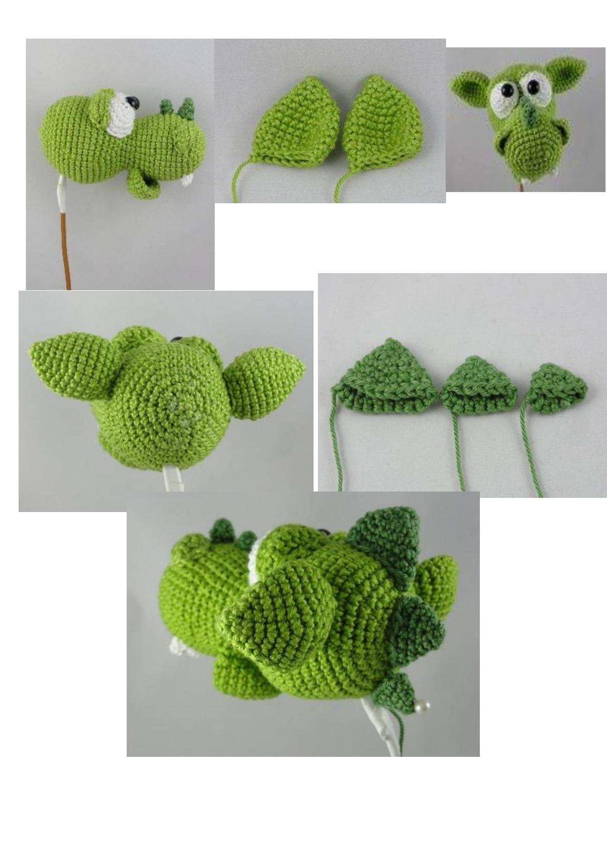 Схема вязания амигуруми: Зеленый трехголовый дракон с пошаговыми инструкциями