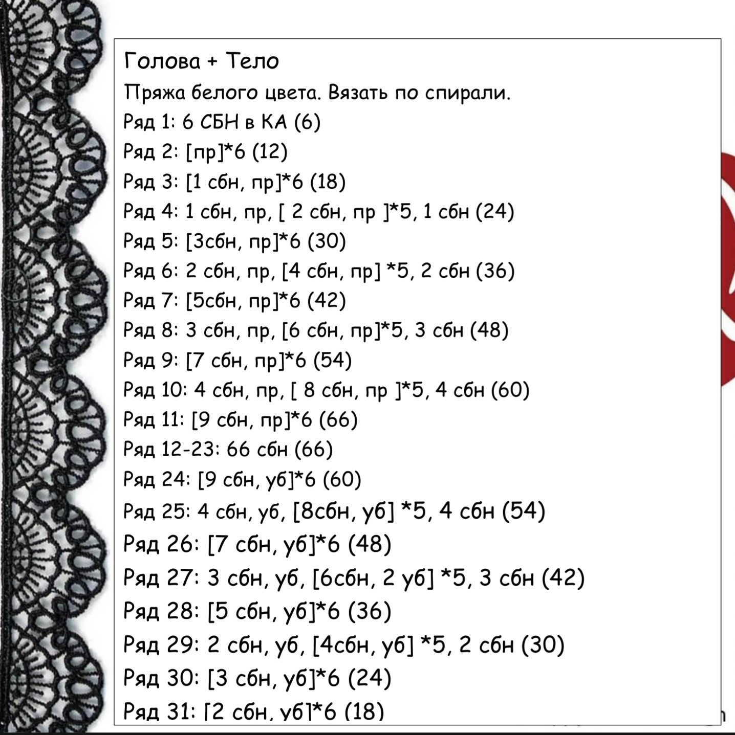 Схема вязания крючком куклы-муравья в красной юбке