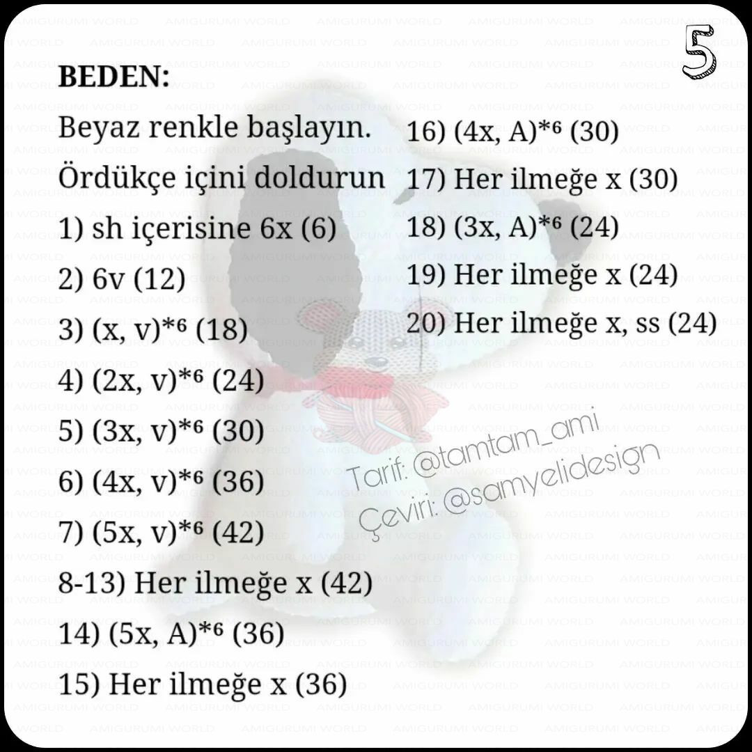 Snoopy Ücretsiz Amigurumi Tarifi - Tamamlanmış Örgü Şablonu ve Malzemeler Listesi