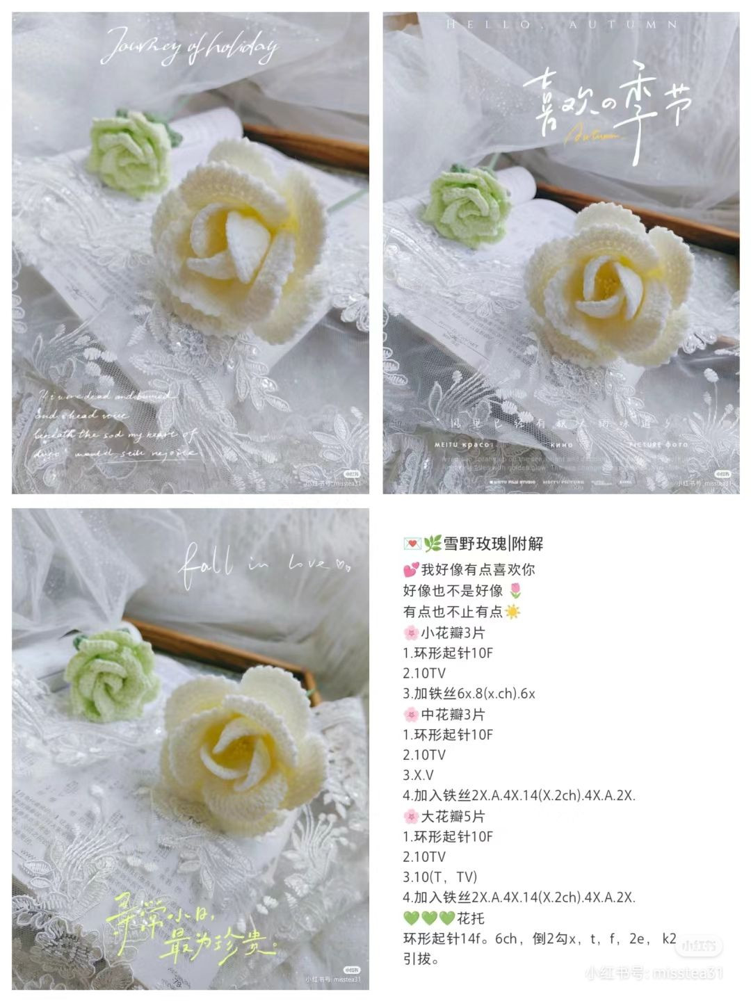 Snowy Rose Crochet Pattern: Detailed Instructions for Creating Delicate White and Purple Flowers with Petal Variations