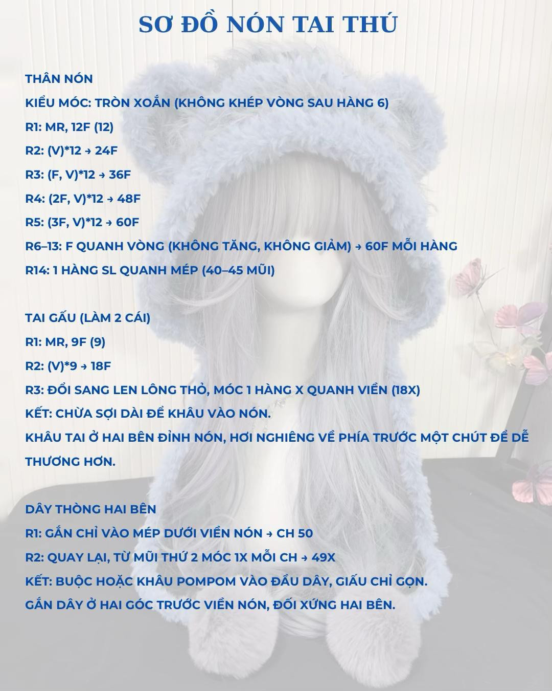 Sơ đồ hướng dẫn móc len làm nón tai gấu lông xù màu xanh