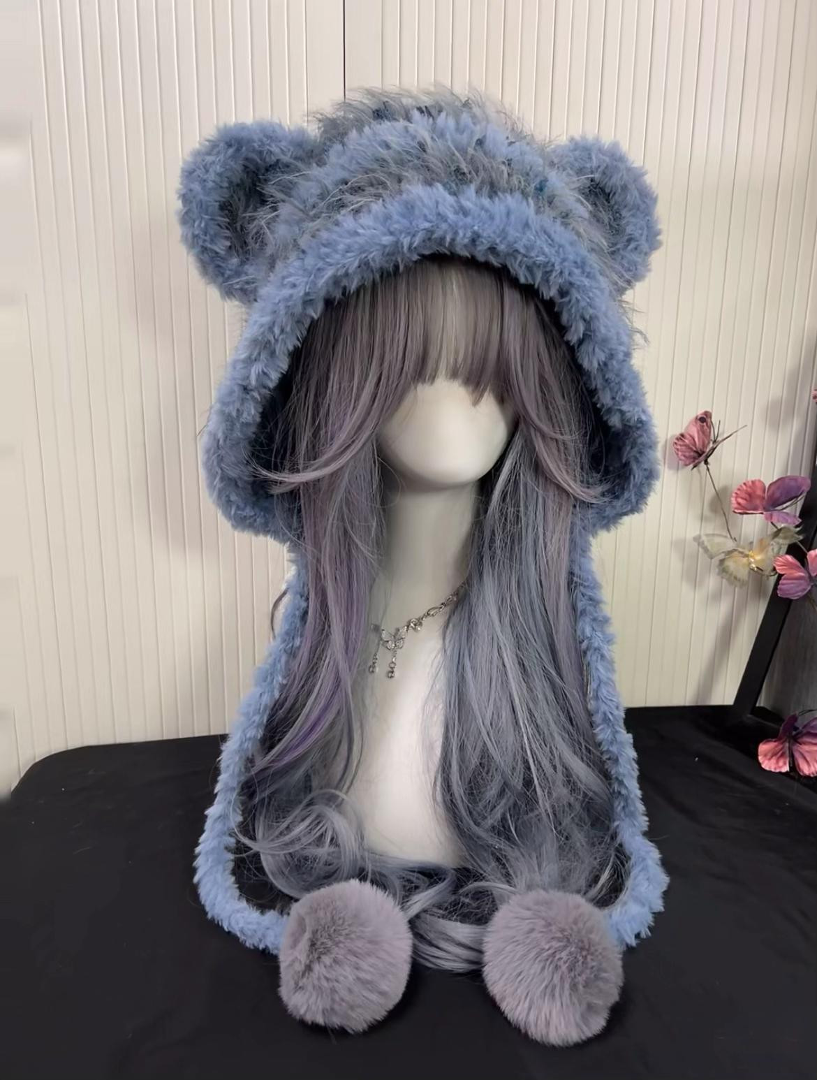 Sơ đồ hướng dẫn móc len làm nón tai gấu lông xù màu xanh