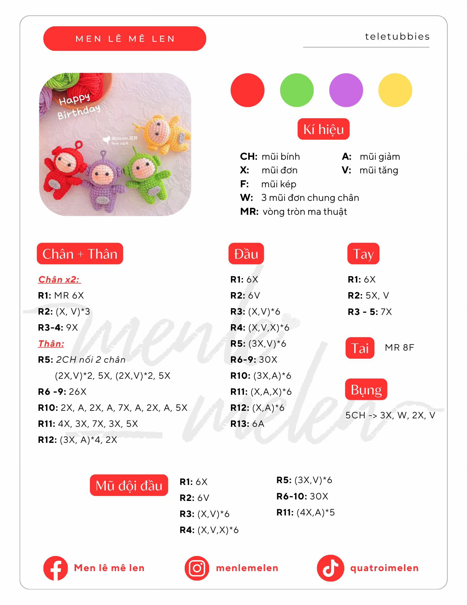 Sơ đồ hướng dẫn móc len Teletubbies (Po, Dipsy, Laa-Laa, Tinky Winky) màu sắc dễ thương