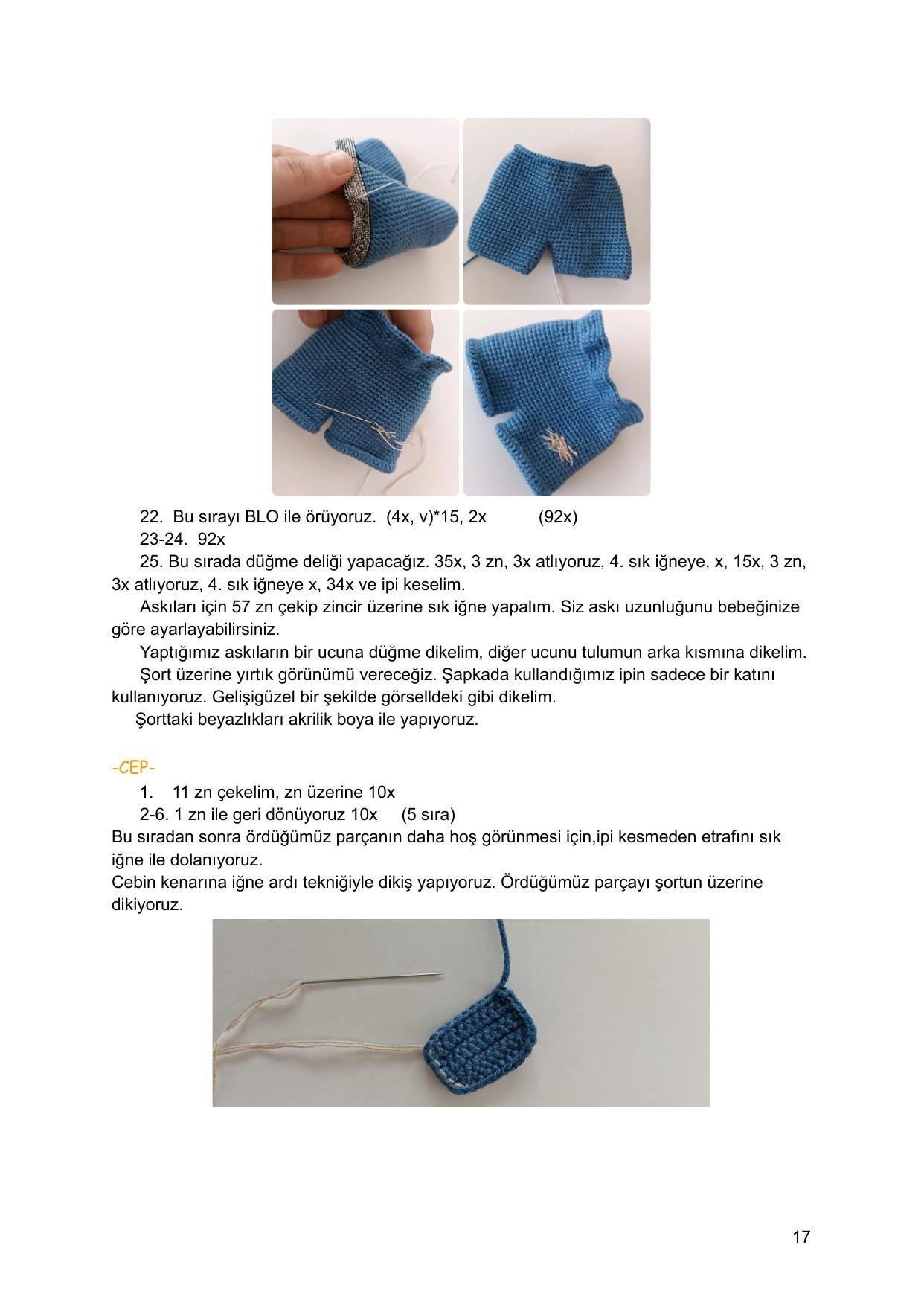 Sơ đồ móc len búp bê Kìraz với chó con, mặc áo đỏ quần xanh