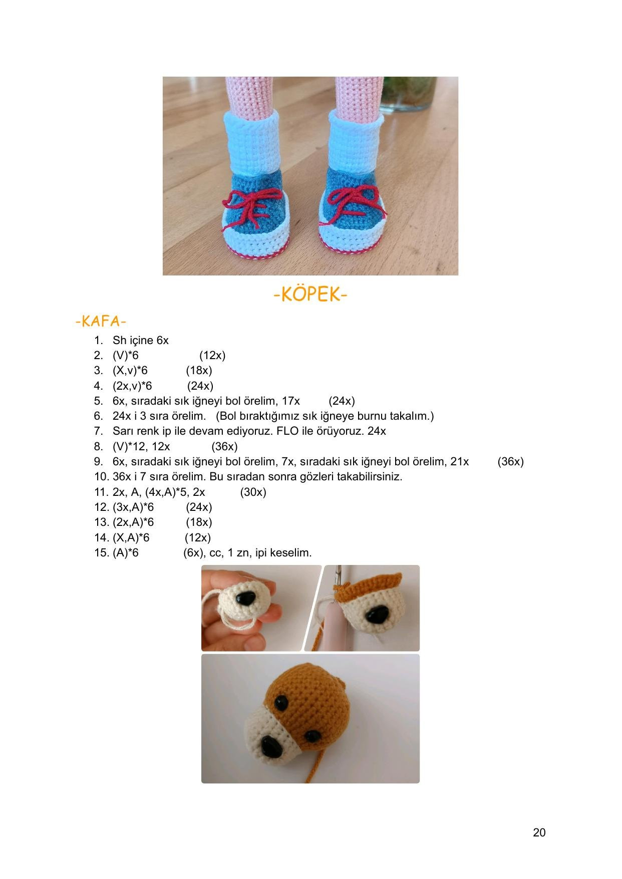 Sơ đồ móc len búp bê Kìraz với chó con, mặc áo đỏ quần xanh