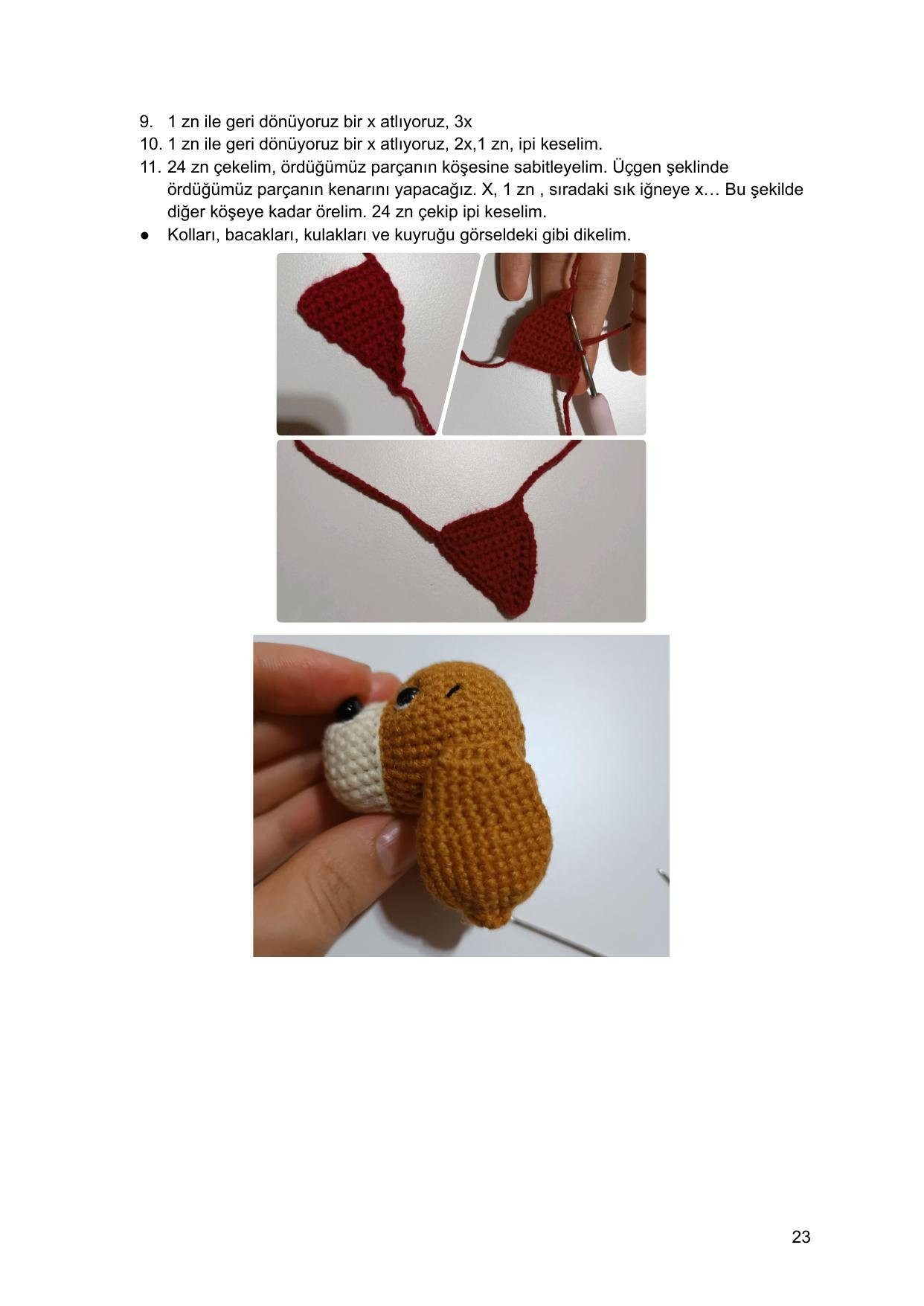 Sơ đồ móc len búp bê Kìraz với chó con, mặc áo đỏ quần xanh