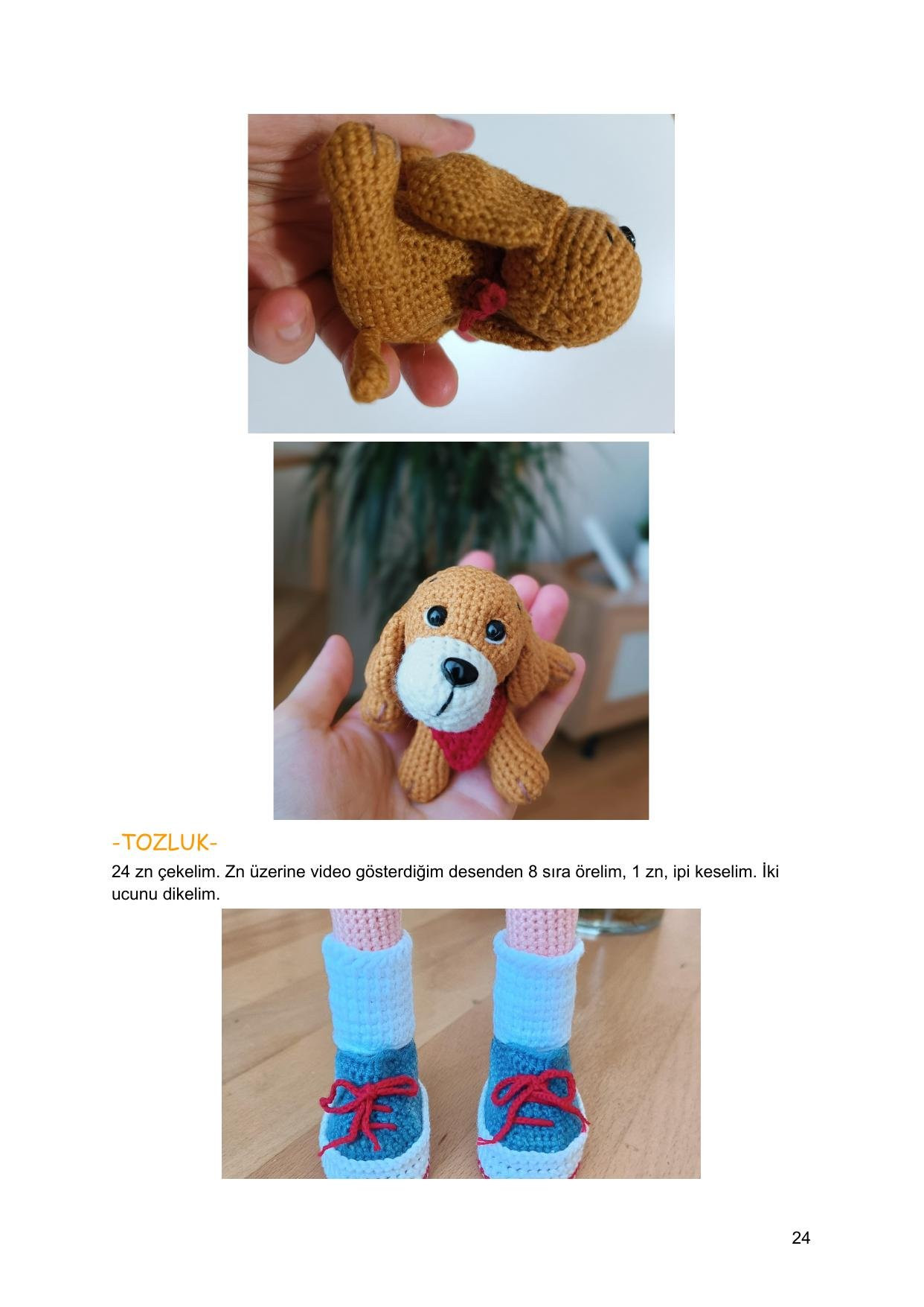 Sơ đồ móc len búp bê Kìraz với chó con, mặc áo đỏ quần xanh