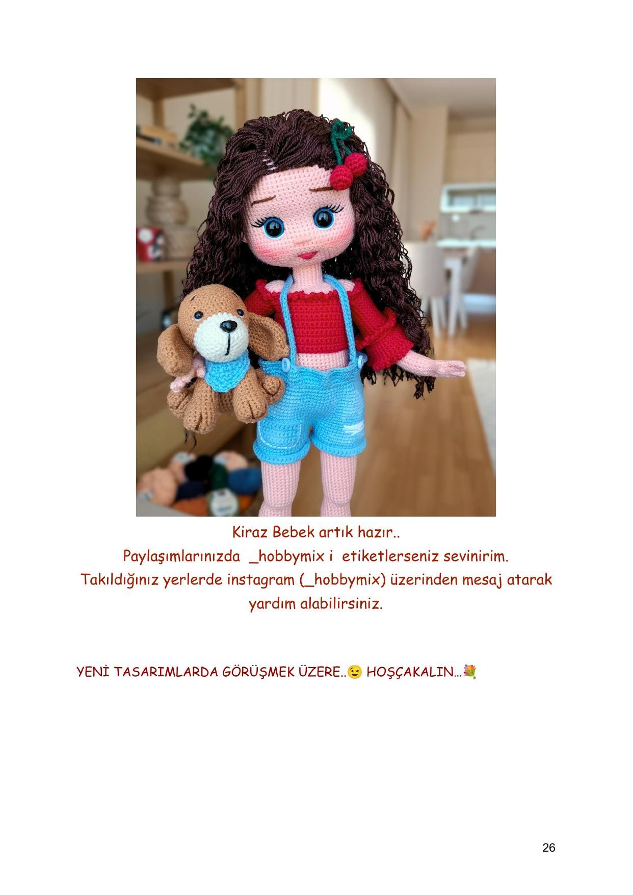 Sơ đồ móc len búp bê Kìraz với chó con, mặc áo đỏ quần xanh