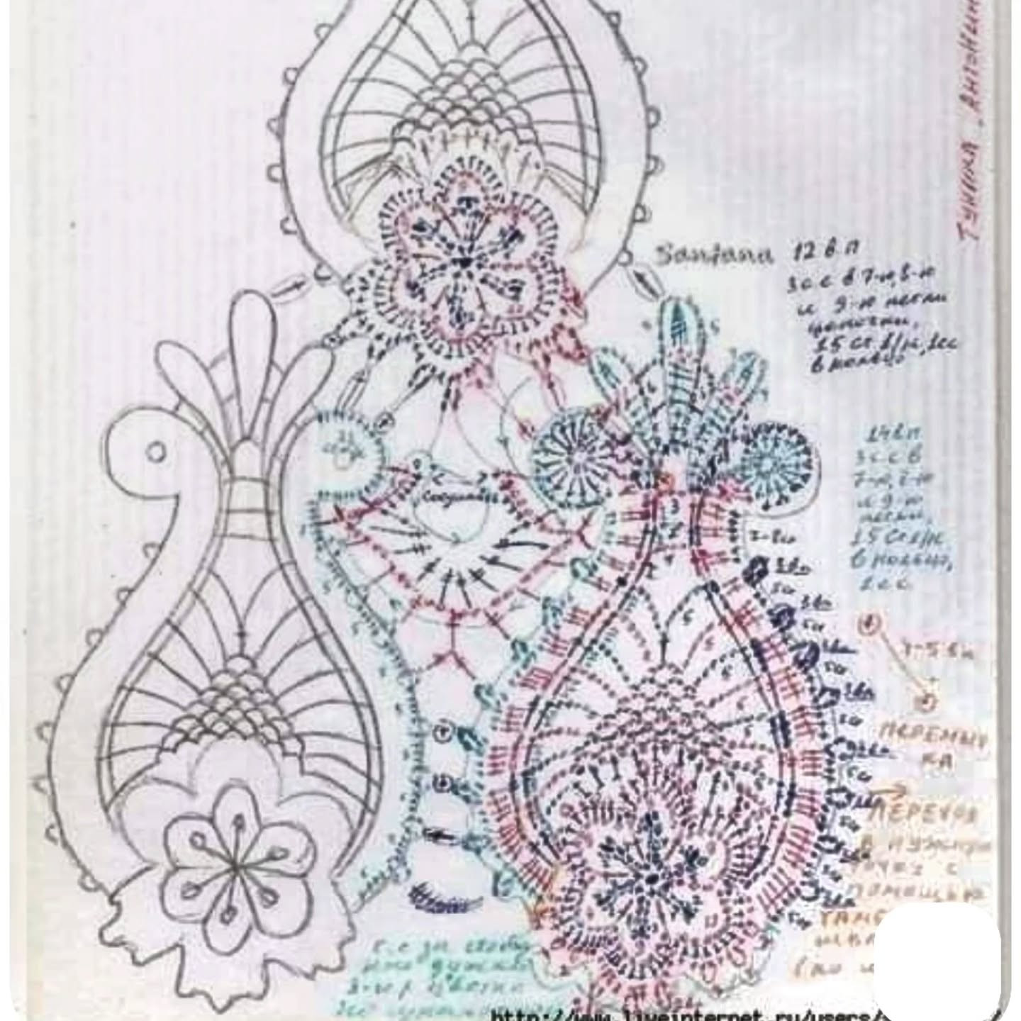 Sơ đồ móc len chi tiết cho ruy băng trang trí Santana 'Antonina' với họa tiết hoa văn phức tạp