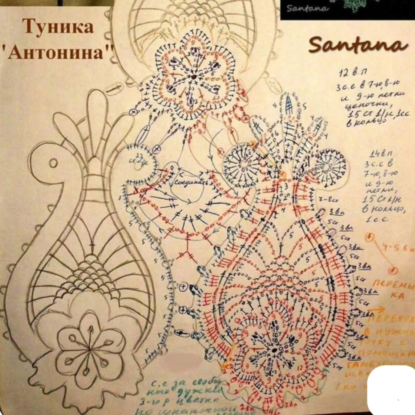 Sơ đồ móc len chi tiết cho ruy băng trang trí Santana 'Antonina' với họa tiết hoa văn phức tạp