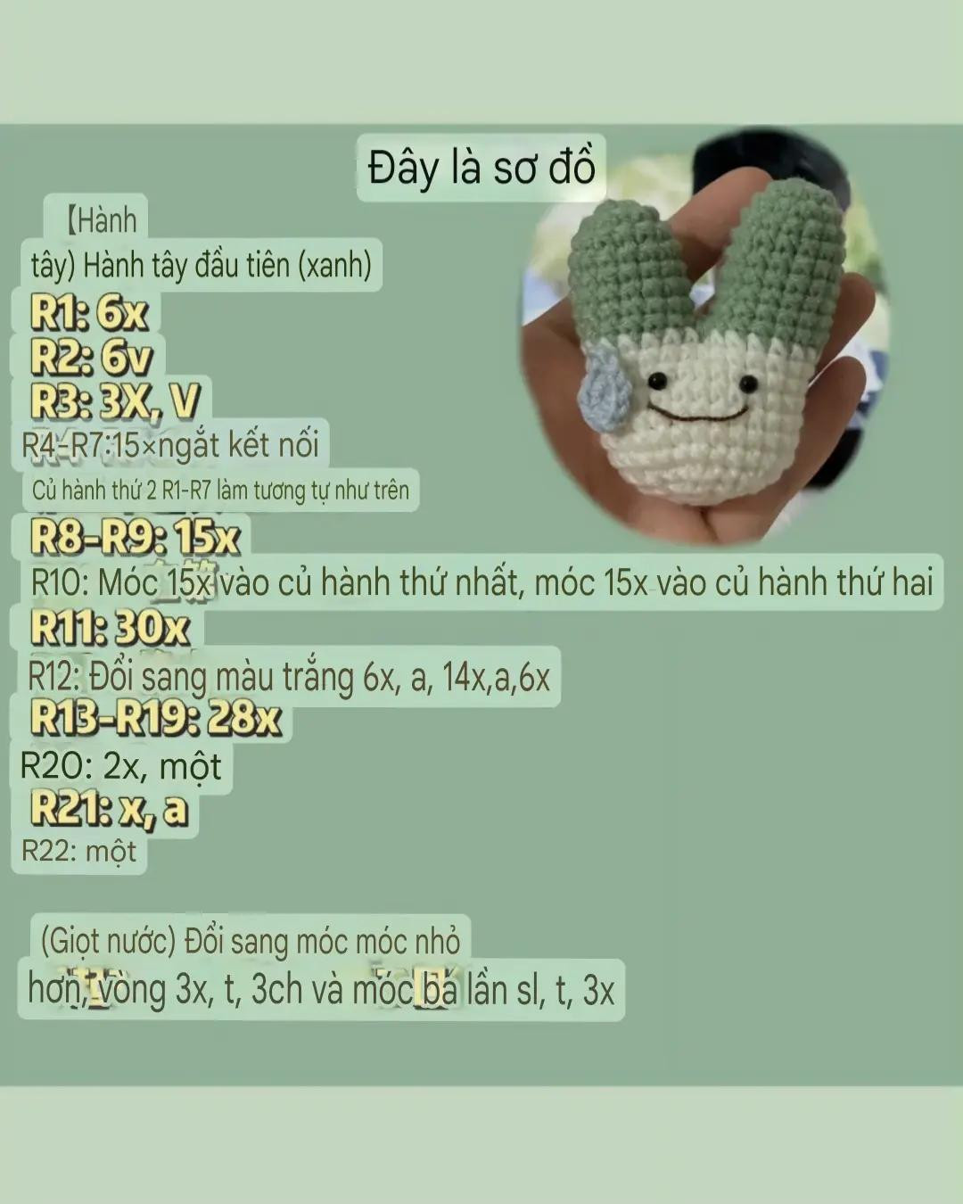 Sơ đồ móc len củ hành đáng yêu với mặt cười và giọt nước