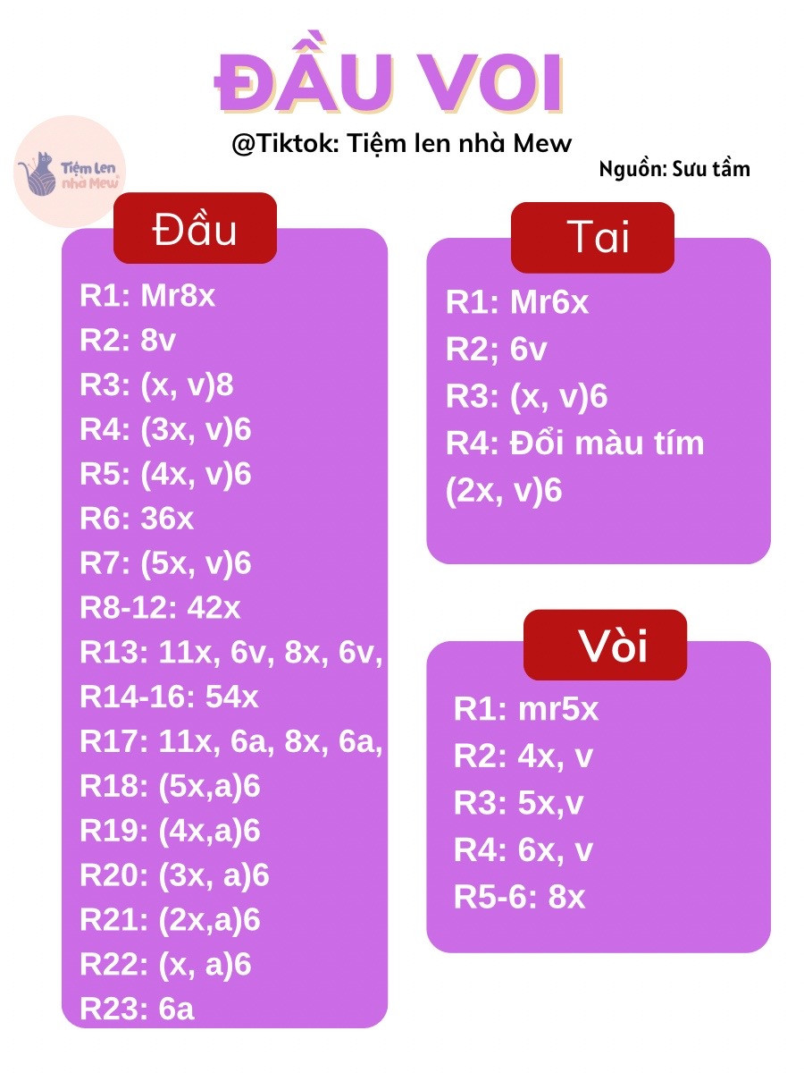 Sơ đồ móc len đầu voi tím dễ thương